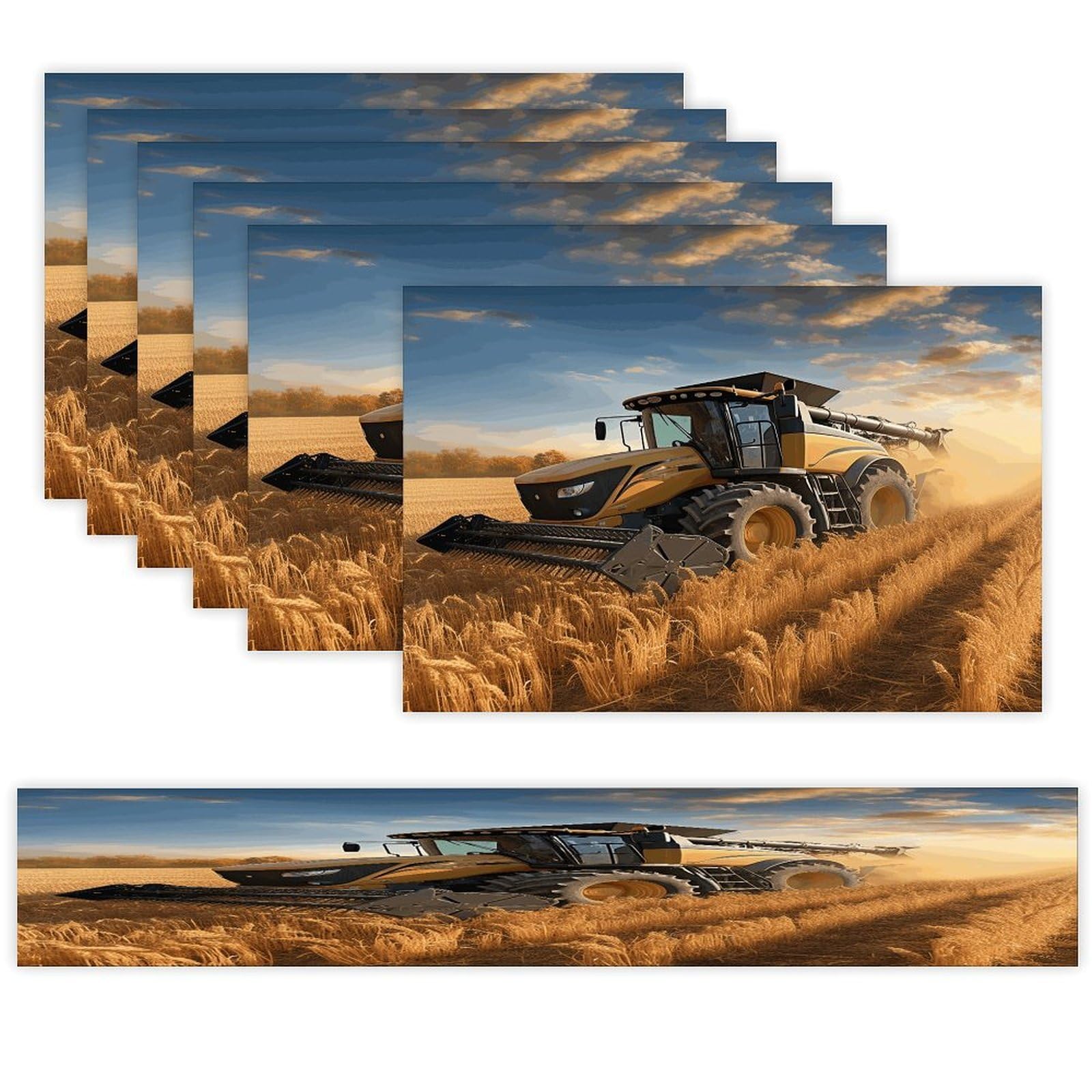 Farm Tractor Harvest Table Runner and Placemats of 6 Washable Heat Resistant Place Mats with Table Runner Vintage Holiday Table Mat Set for Holiday Party Kitchen Dining Deco