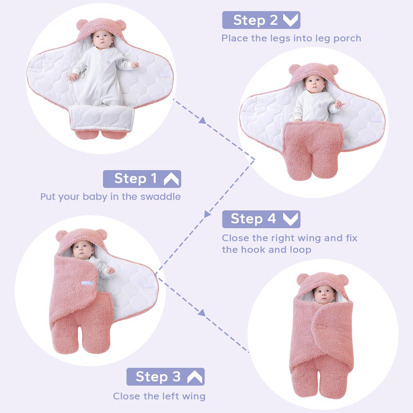 FUNUPUP Sacco Nanna Neonato, Coperta a Sacco Neonato Che Riceve Coperta in Pile Unisex Ragazzi Ragazze Sacco a Pelo in Peluche Simpatico Orsetto Swaddle(Rosa, 0-3 Mesi)