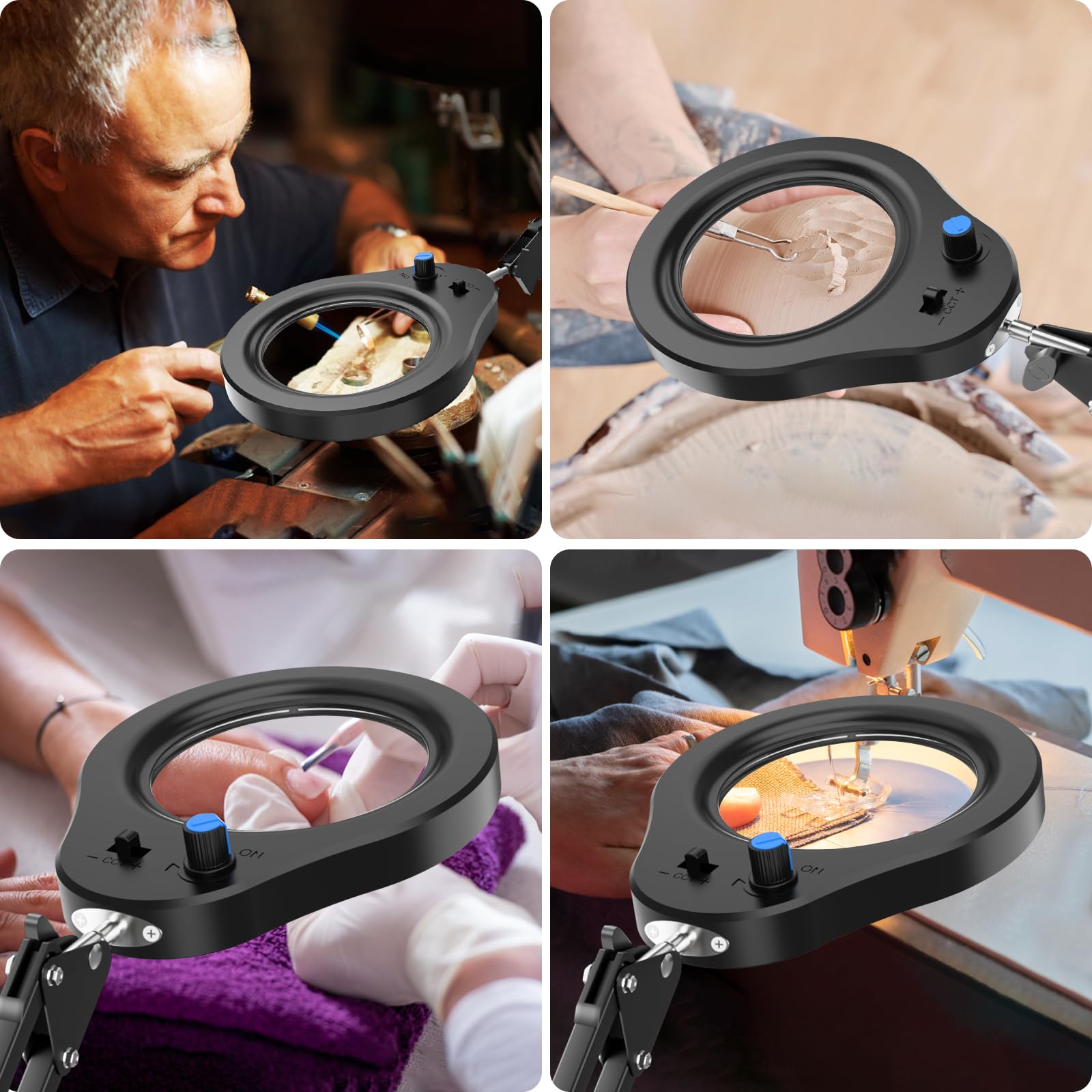 Lampada d'Ingrandimento 15X con Luce, 2 in 1 Base Larga e Clip, 5 Modalità Colore, Collo d'Oca Flessibile
