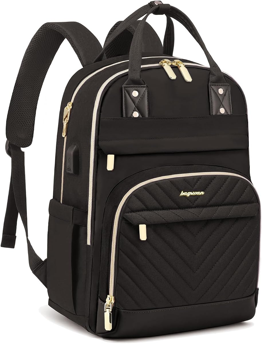 Laptop Backpack for Women Work Bag - 15.6 inch Black Travel Backpack College Backpack with USB Charger Business Office Back Pack for Teacher Casual Waterproof Bookbag for Nurses