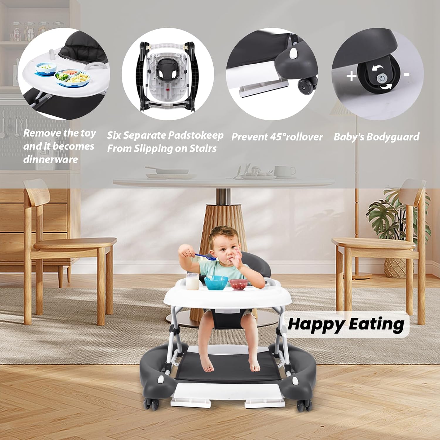 Baby Walker, 5-in-1 Baby Walkers for Boys and Girls 6-12 Months with Bouncer, Removable Footrest, Feeding Tray & Music, Foldable & Adjustable Activity Walker for 6-18 Months Toddler Infant - Image 5