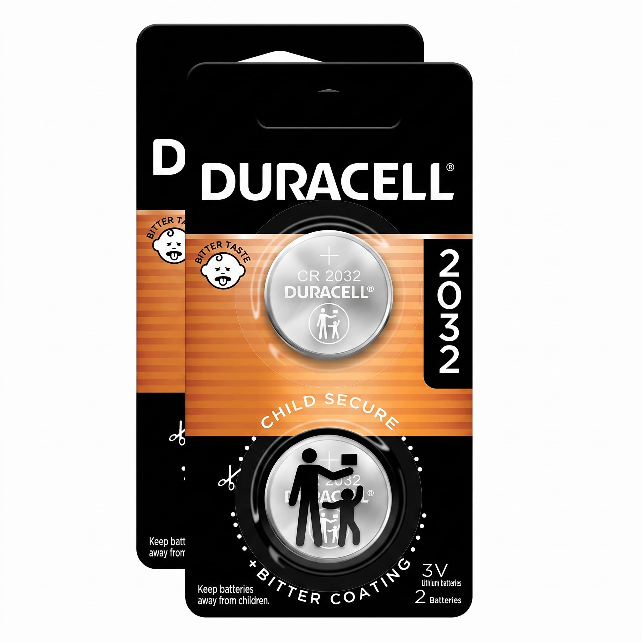 DURACELL CR2032 3V Lithium Battery, Child Safety Features, 2 Count Pack, Lithium Coin Battery for Key Fob, Car Remote, Glucose Monitor, CR Lithium 3 Volt Cell (Pack of 2)
