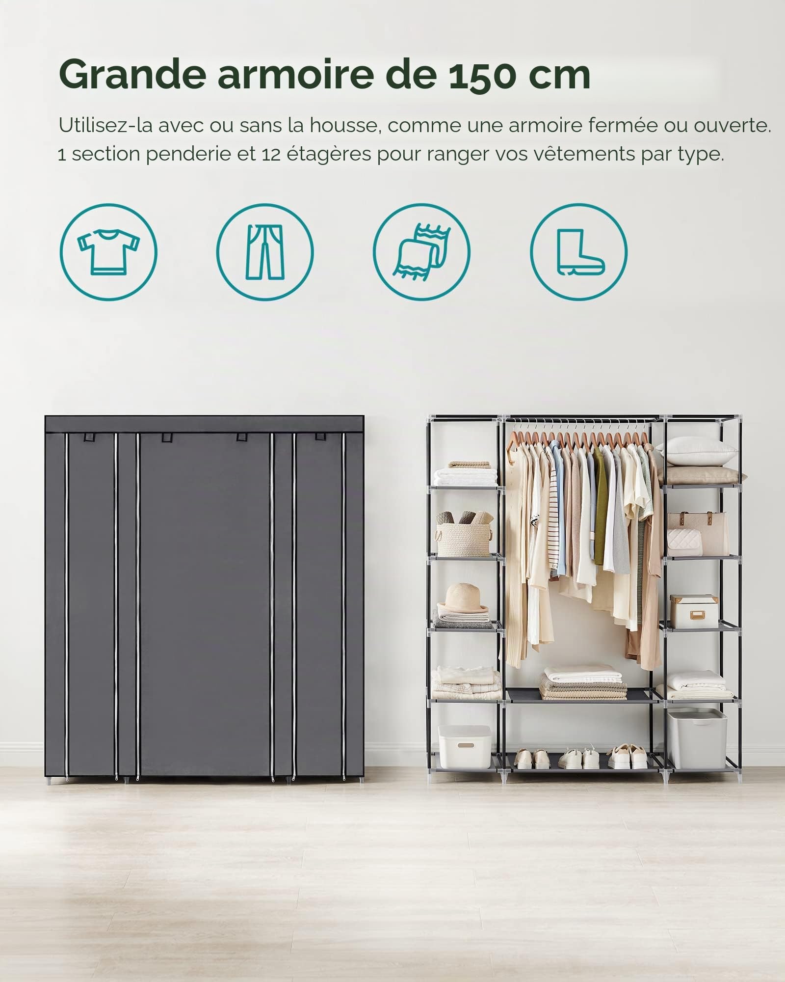 SONGMICS Armoire en Tissu 12 avec Tringle à vêtements et étagères - Armoire Solide pour Chambre à Coucher, Dressing, 150 x 45 x 175 cm, Gris LSF03G