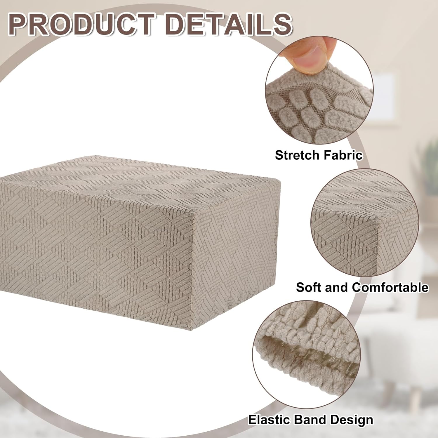 uxcell Stretch Foot Stool Cover Stripe Square Foot Stool Slipcover with Elastic Furniture Protector for Living Room Bedroom Fit Length 85-95cm / 33"-37", Large, Khaki
