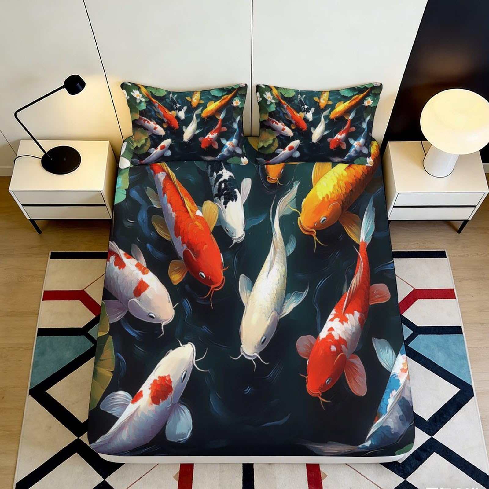 3D Printed Koi Fish Fitted Sheet Microfiber Soft Bed Cover Japanese Carp Pattern for Bedroom Guest Room Decor 90x200x25cm