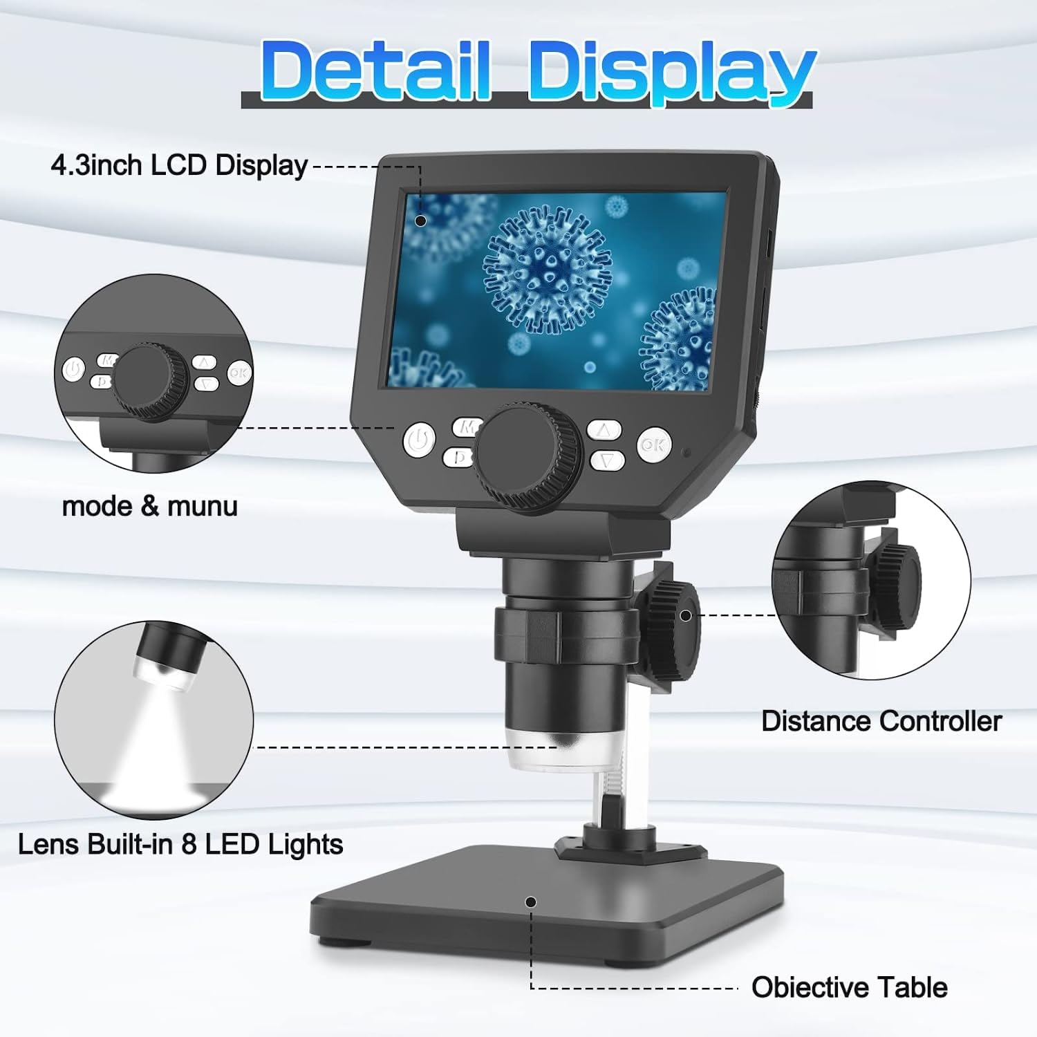 Microscopio Digitale 4,3 Pollici 1080P, Microscopio USB 1000X Ingrandimento con 8 Luci LED, Batteria Ricaricabile e Supporto Metallico per Riparazione PCB, Saldatura, Ispezione Gioielli