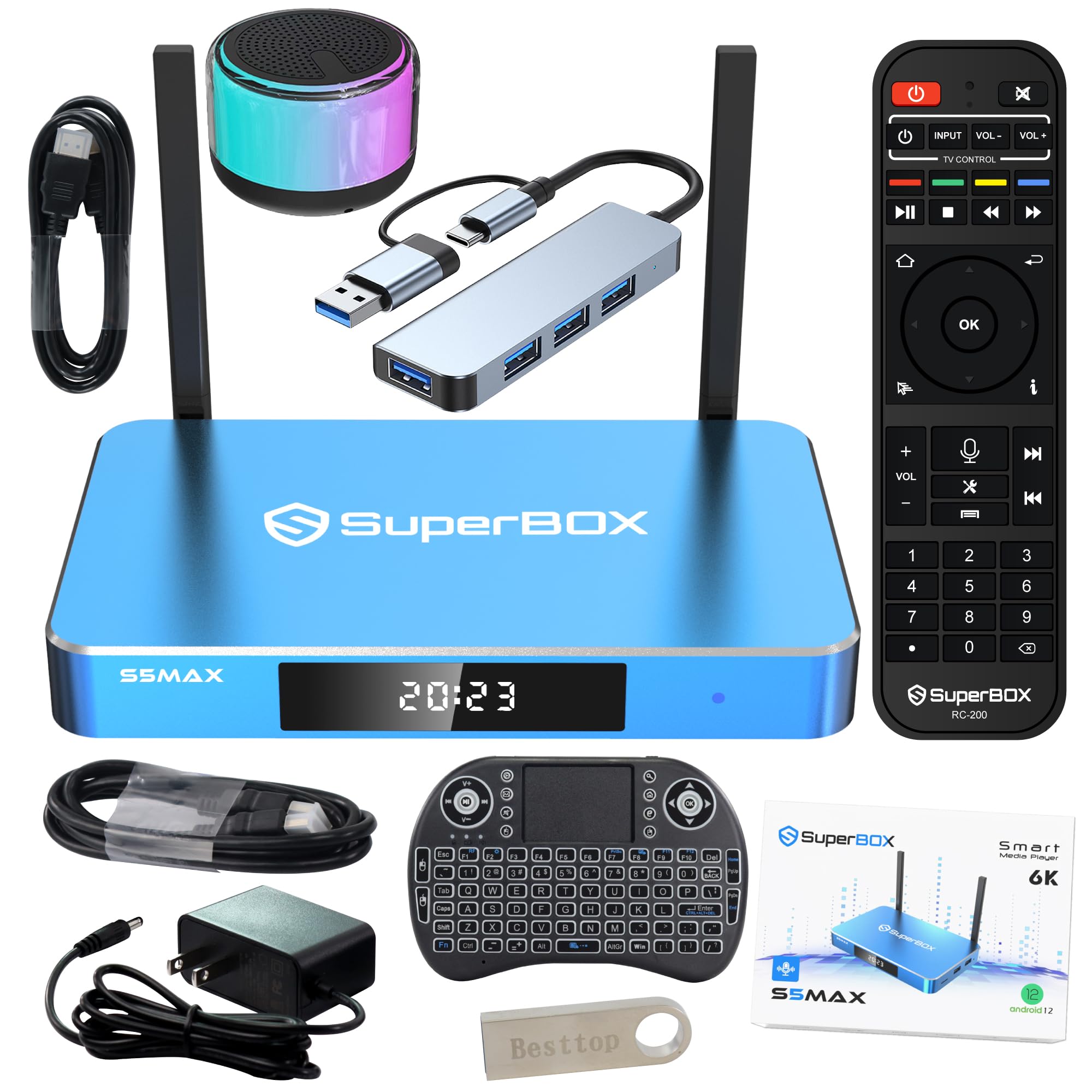 2024 Fully Super E-lite-Ultra Bundle 6K TV Box S-5m-ax with 8K HDMI Cable,64G Flash Drive, Backlit Keyboard,Bluetooth Audio,Docking Station,S-5 with Voice Remote,4G+64G for Family Fun & Sporting Event