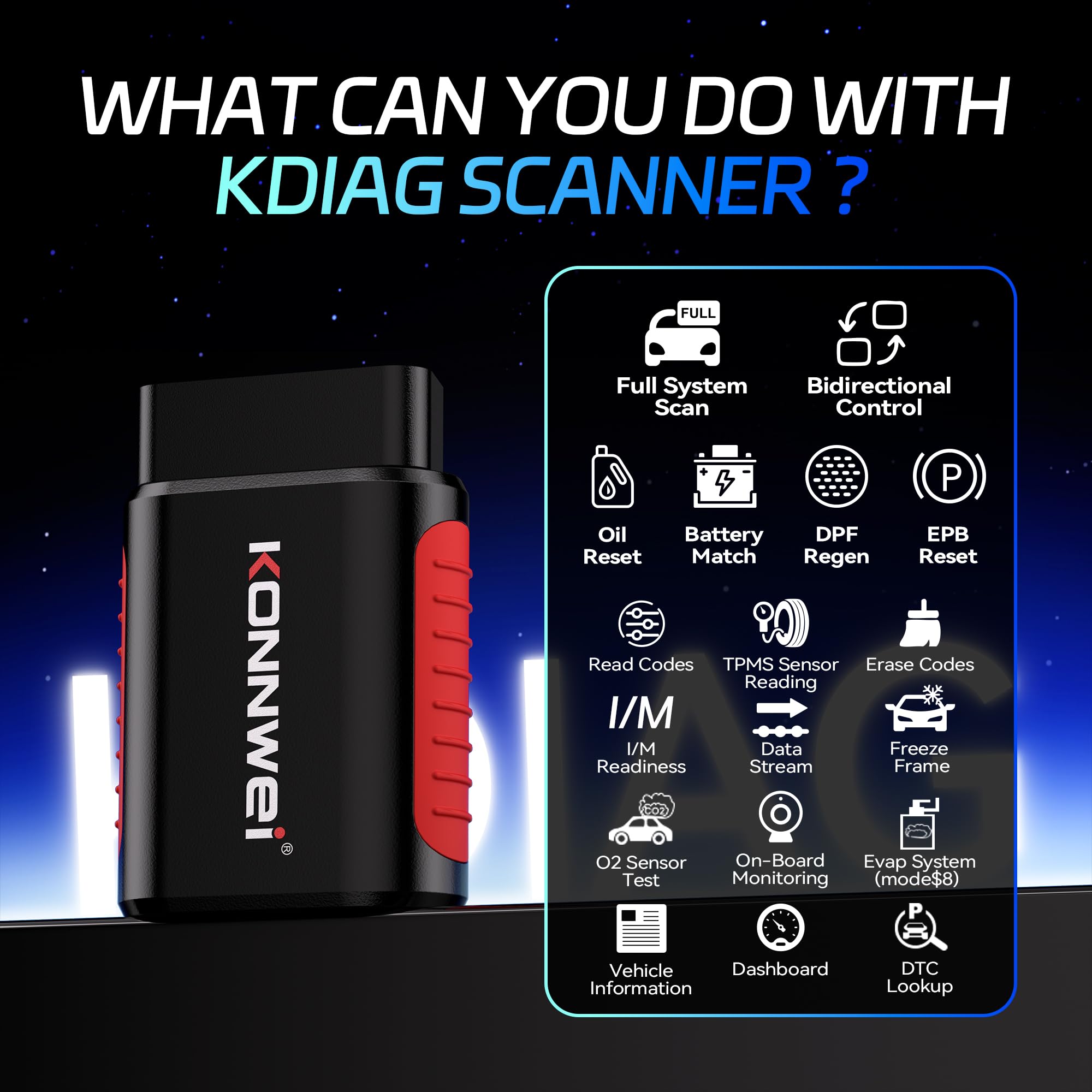 KONNWEI OBD2 urządzenie diagnostyczne do samochodu, OBD2 Bluetooth 5.2, adapter do iOS i Android, z pełną diagnostyką systemu i 5 funkcjami serwisowymi, nie wymaga subskrypcji