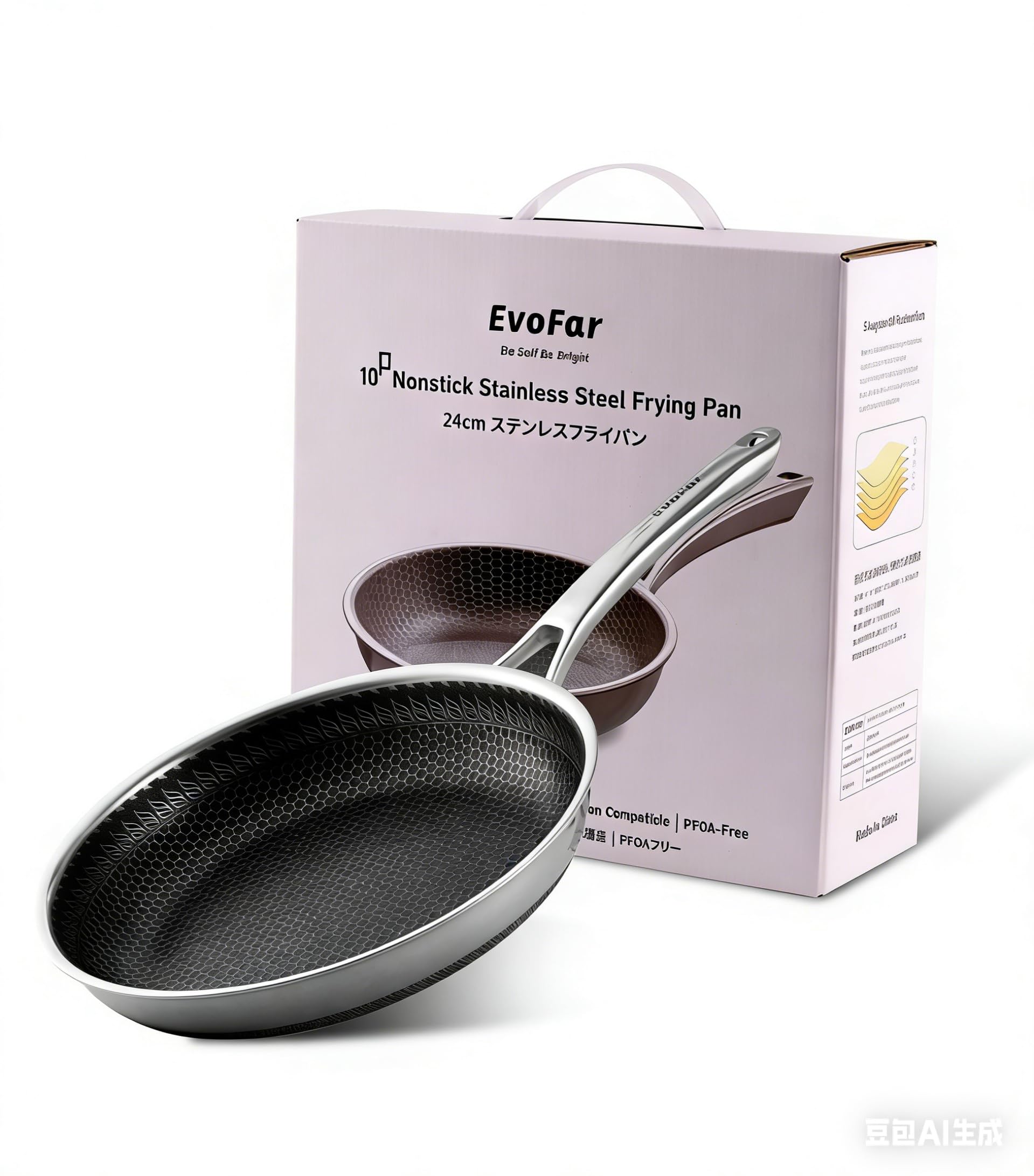 EvoFar Bratpfanne 24cm, Antihaft Edelstahlpfanne Induktion für alle Herdarten geeignet, Antihaftbeschichtung