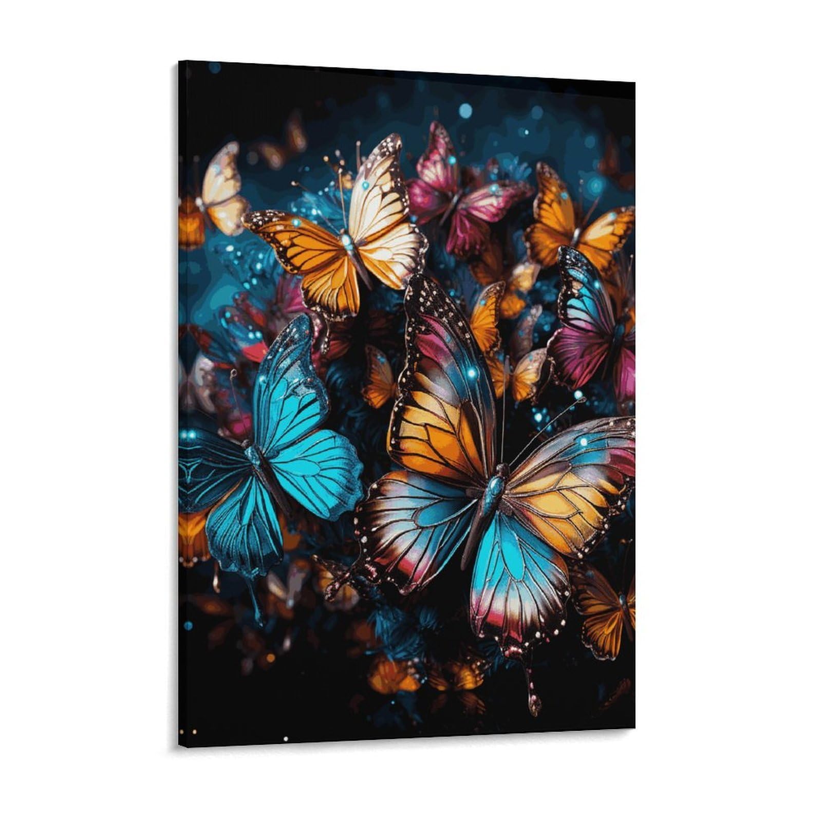Colorful Butterflies Flying Around on Black Background Canvas Wall Art for Bedroom 12x16inch Canvas Prints Artwork for Walls Modern Picture Artwork Painting for Living Room Aesthetic Wall Pai