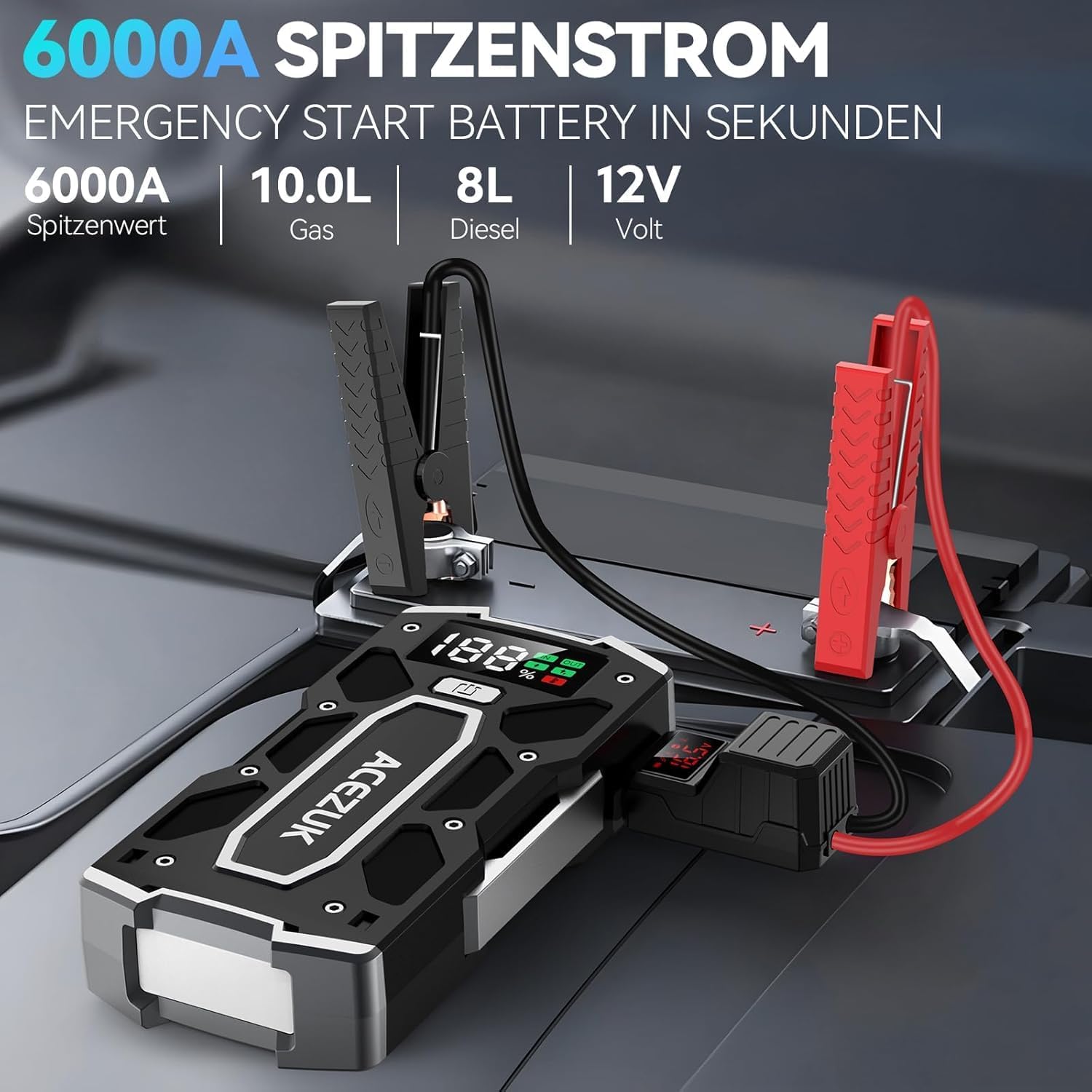 ACEZUK M02-V01 Jump Starter highlighting 6000A peak current, and compatibility with 10.0L Gas and 8L Diesel 12V engines.