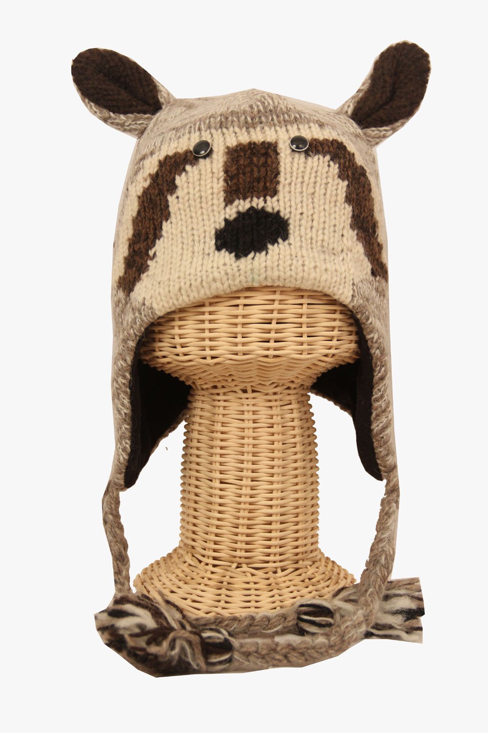 Kewlwool New Handmade 100% Wool Fleeced Interior Raccoon Face Pilot Animal Cap/Hat with Ear Flaps and Poms