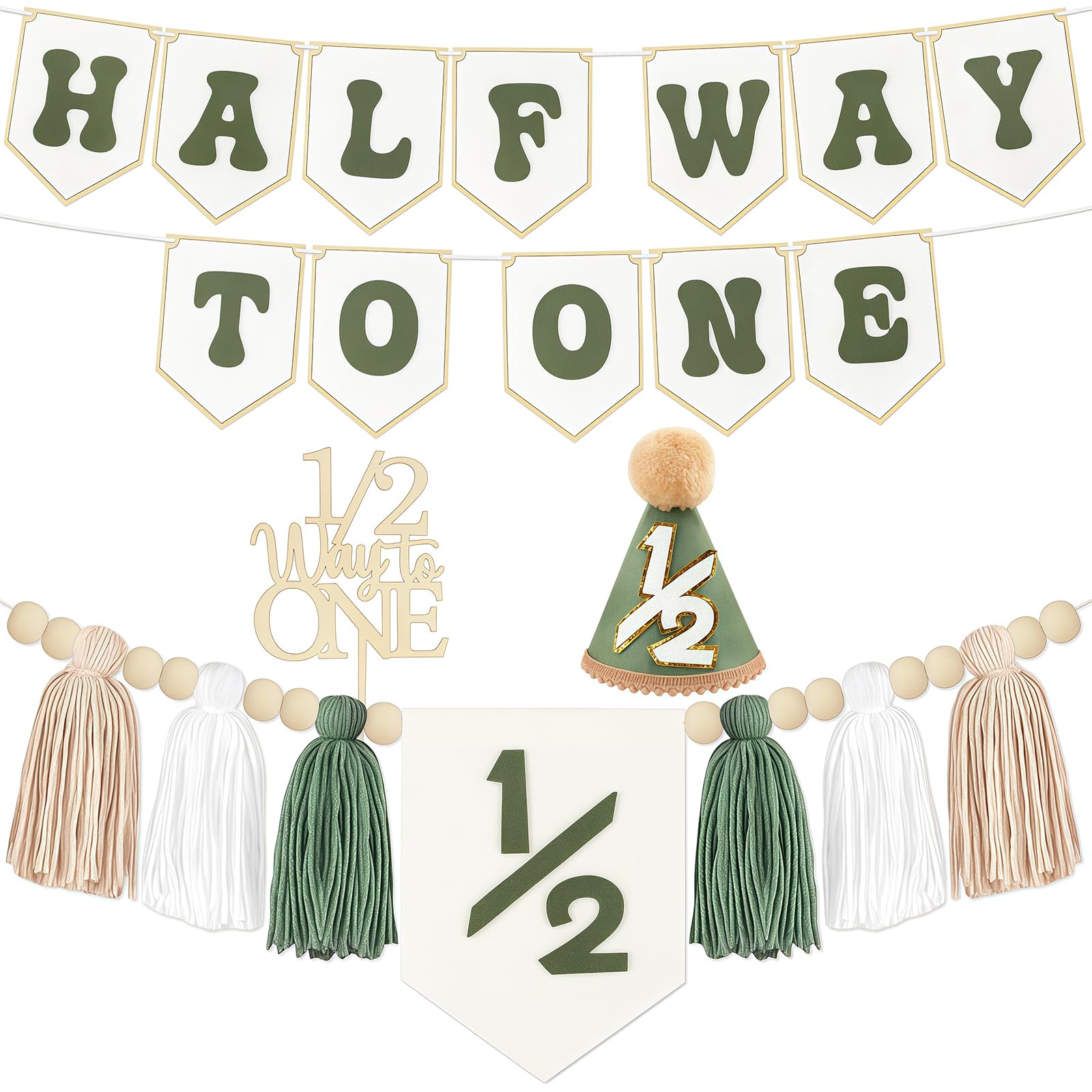 Bafutayawa Half Year Baby Decor Set, 1/2 Birthday Decorations Boy, High Chair Banner & Cone Hat for 6 Months Party