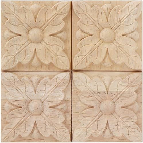 Hilitand 4 calcomanías de madera tallada en madera para tallar cuadrados, sin pintar, para decoración de muebles de gabinete de puerta (párrafo uno)
