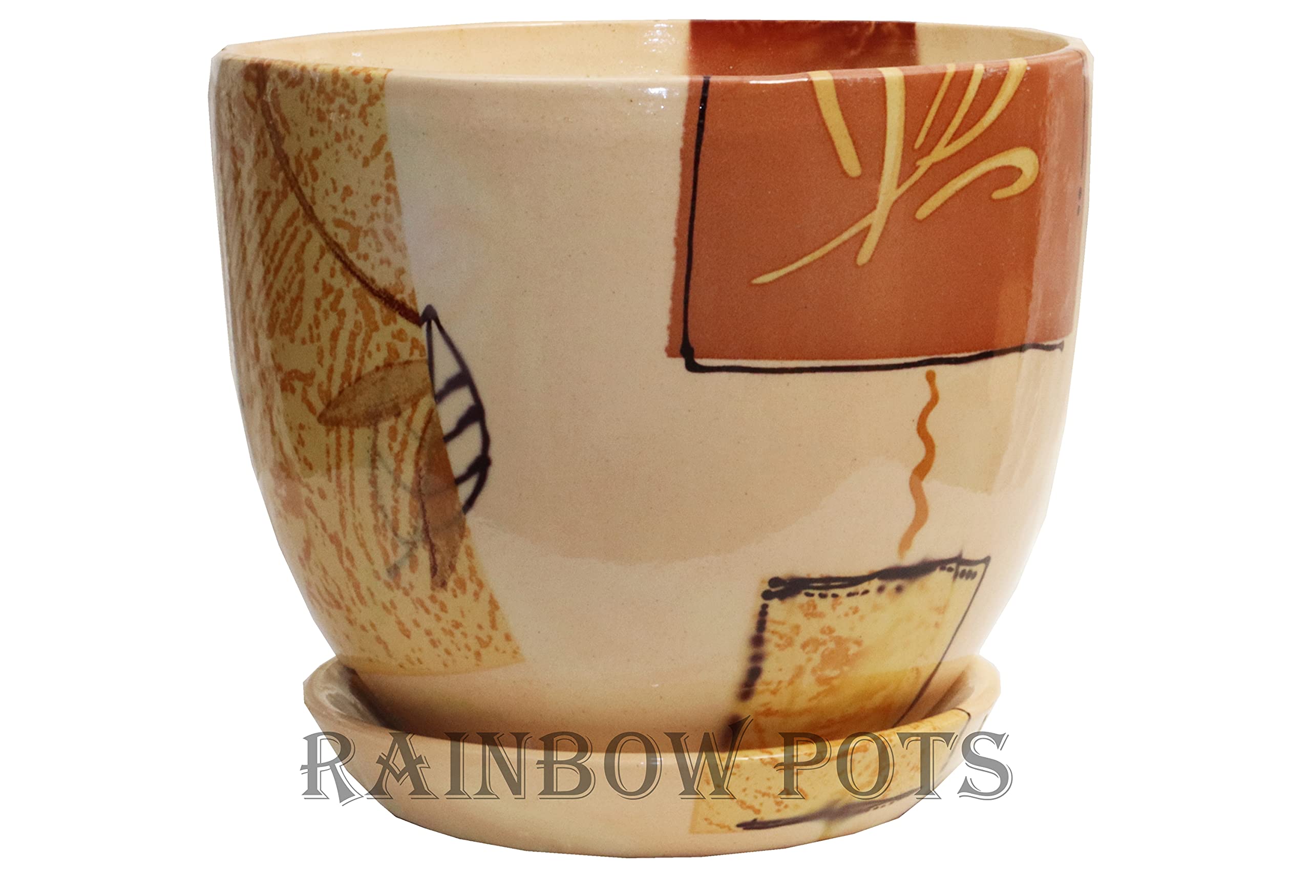 CERAMIC PLANT POTS WITH SAUCER LARGE AND SMALL- 32 COLOURS, FLOWER POTS BONSAI (Pattern - 16, φ 13.5cm (5.3 inch))