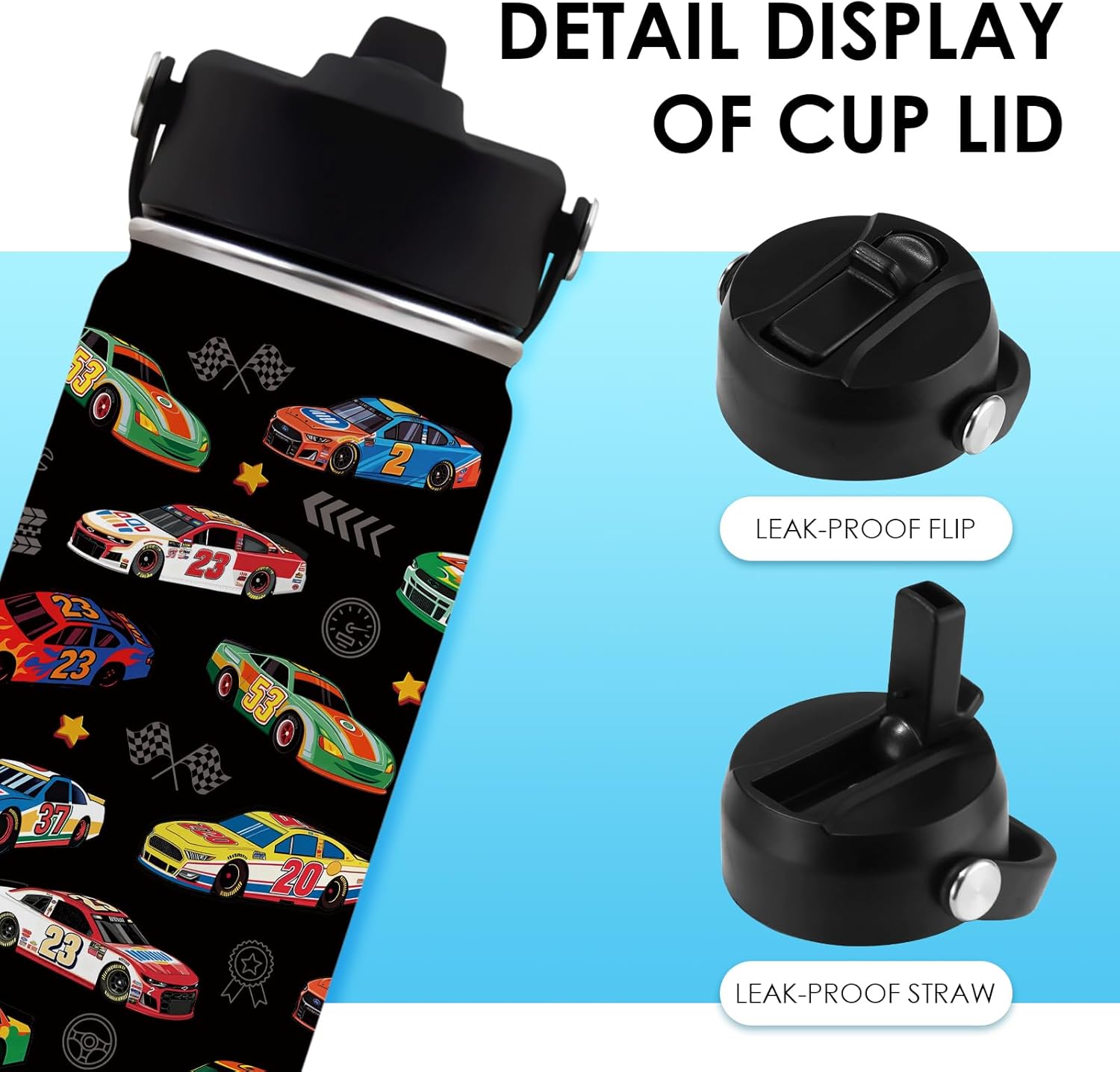 Car Gifts for Boys - 16 oz Water Bottle with Straw Lid, Stainless Steel Insulated Bottle, Leak Proof, BPA-Free, Racing Car Sport Water Bottles for School, Travel, Cars Children Birthday Gift Cup(1pc) - Image 4