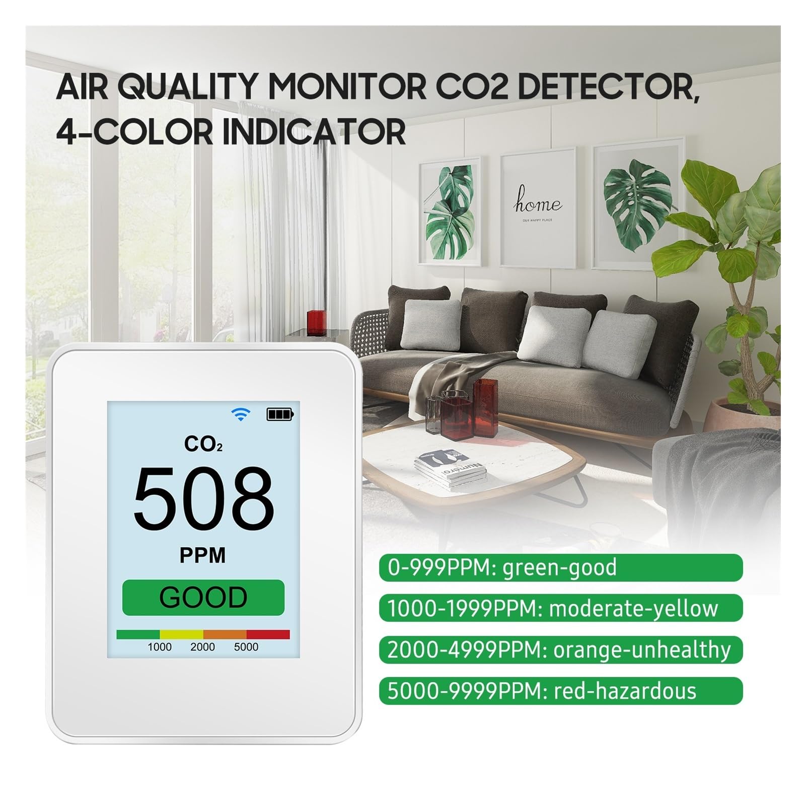 Contador de partículas de polvo profesional 0,3 um/ 0,5 μm/ 1,0 μm/ 2,5 μm/ 5,0 μm/ 10 um Contador de partículas de polvo Pantalla 2600 mAh Detector de CO2 recargable Calidad del aire inteligente para