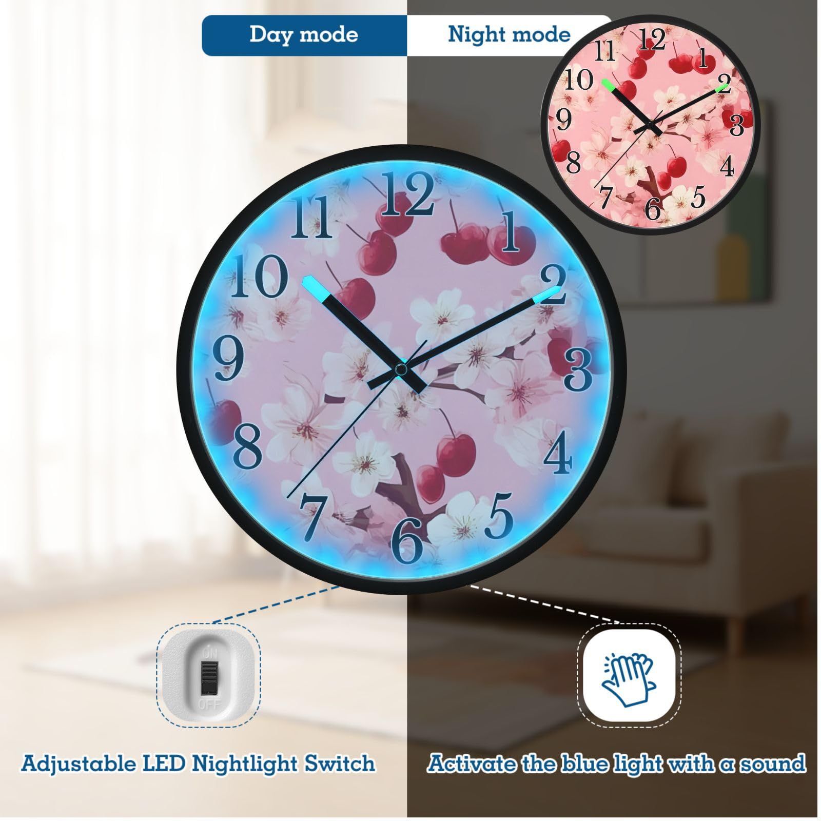Mnsruu Reloj de pared luminoso con flores rosadas, reloj de pared que brilla en la oscuridad, funciona con pilas, 12 pulgadas, silencioso, sin tictac, luz nocturna para dormitorio
