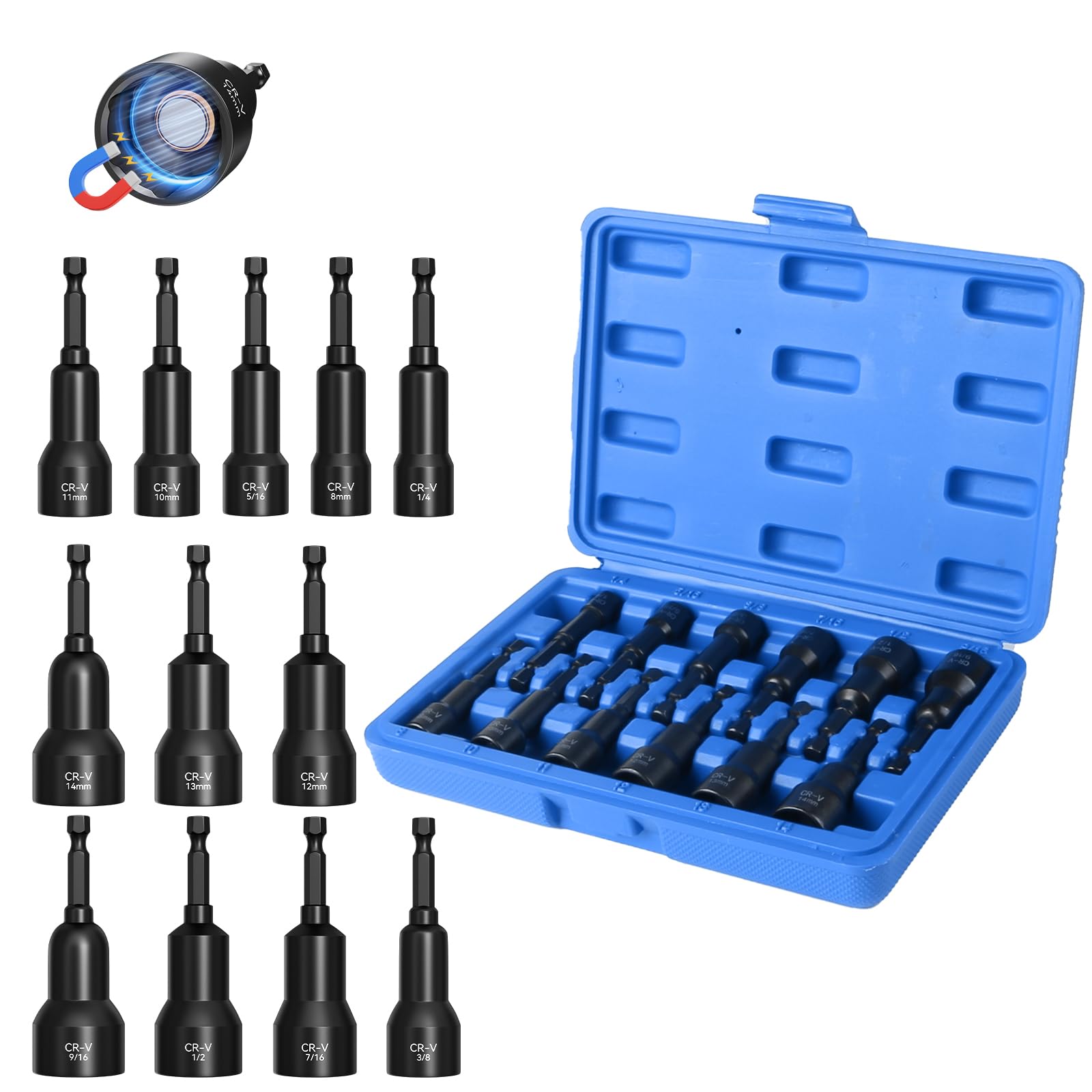 Magnetic Impact Nut Driver Set - Metric &amp; SAE with Socket Adapters (12-Piece)