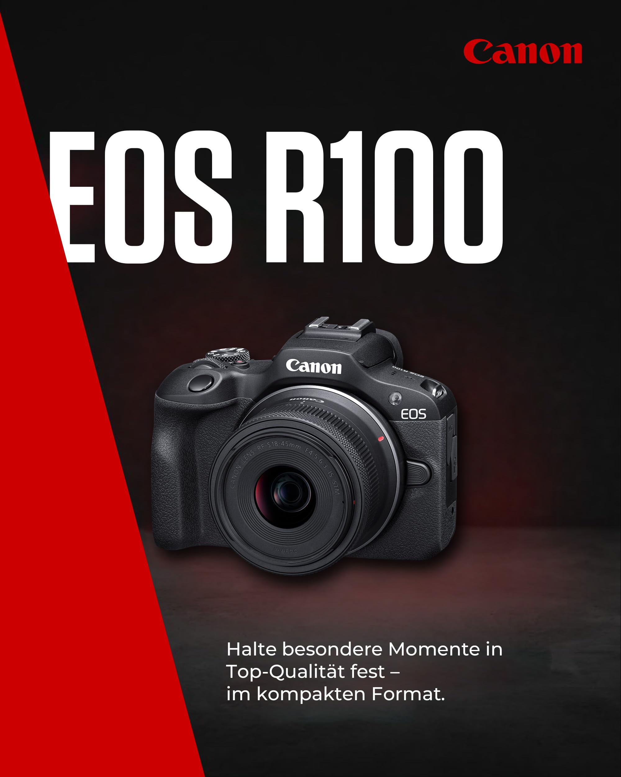 Canon EOS R100 mit RF-S 18–45mm – 24,1 MP APS-C Systemkamera – Dual Pixel AF, 4K-Video, 6,5 B/s, Augen- & Gesichtserkennung, WLAN & Bluetooth - Perfekt, um kostbare Erinnerungen festzuhalten