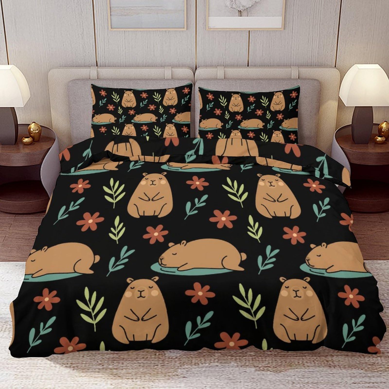 Delerain Comforter Cover Set King Size, Cute Cartoon Capybara 3-Piece Bedding Set for Women Men Modern Soft Microfiber Bedroom Set Room Decor, 1 Duvet Cover + 2 Pillowcases