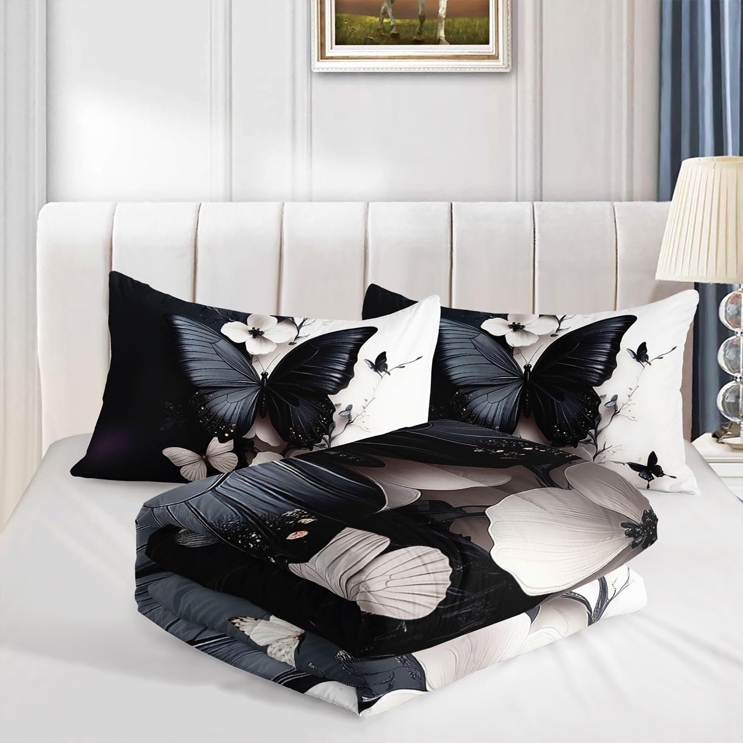 Black White Butterfly Comforter Set 3D Flowers Printed Bedding Set with 1 Comforter and 2 Pillowcases for Boys and Girls Bedroom All Season(Butterfly Queen)