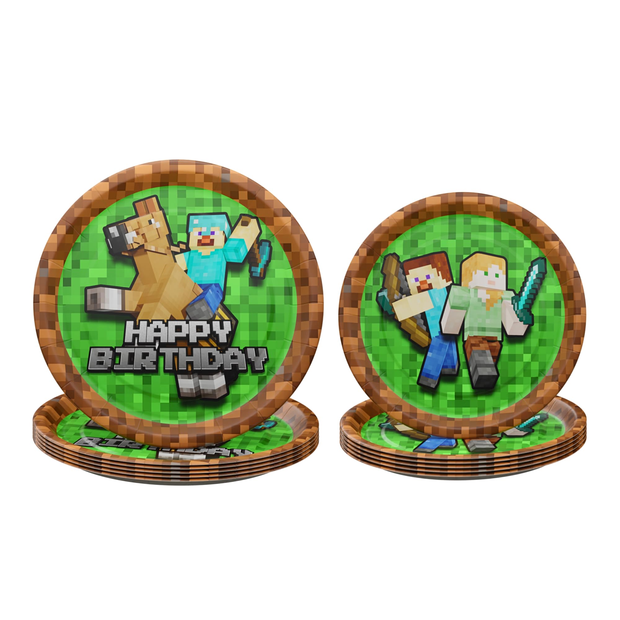 Pixel Miner Dinner and Dessert Plates (40 pieces for 20 Guests) - Video Game Party Supplies, Mining Craft Decorations, Pixel Miner Party, Blue