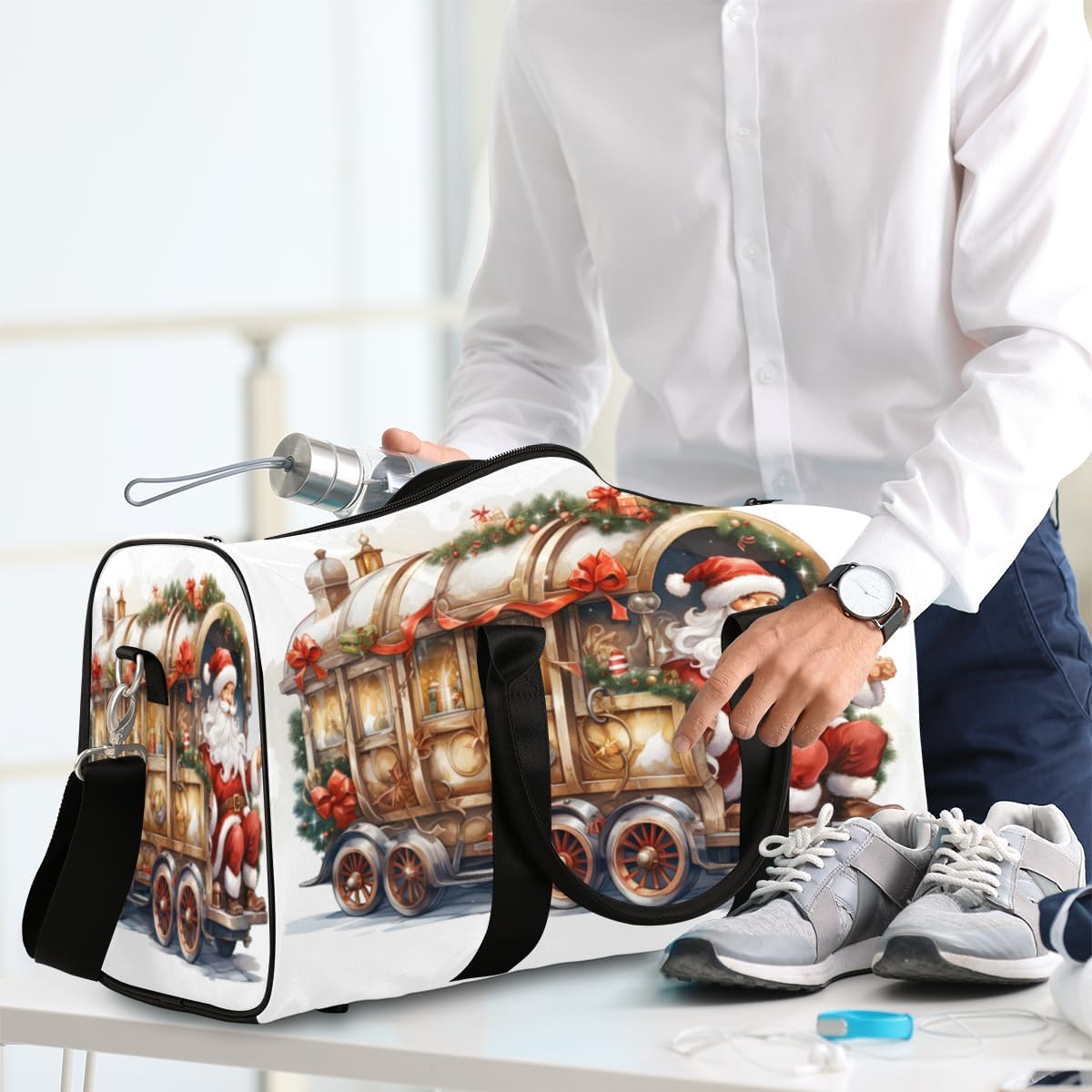 Christmas Car Father Christmas Travel Duffel Bag for Women Men Large Capacity Overnight Weekender Bags for Lightweight Waterproof Sport Gym Bag for Workout Yoga Swim