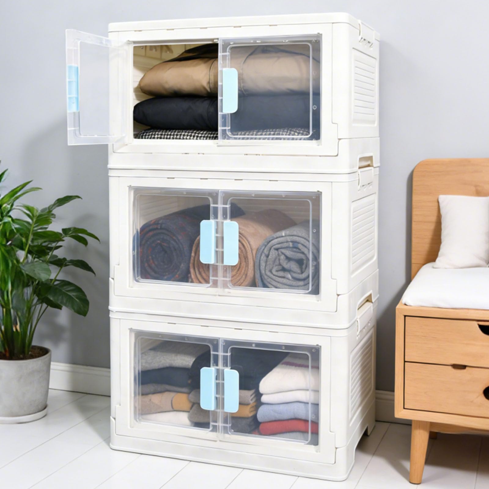 3 Pezzi Scatola di Stoccaggio Doppia Porta Contenitori Impilabile Salvaspazio con Ruote Contenitori in Plastica Pieghevoli con Coperchio per Camera da Letto, Ufficio e Cucina, 3x50 Litri
