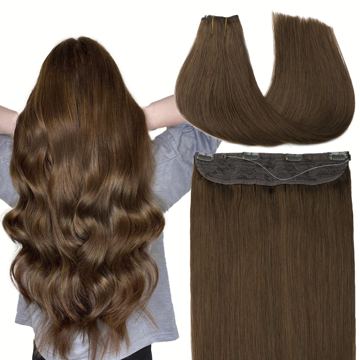 VINBAO Real Human Hair Wire Human Hair Extensions Medium Brown Invisible Wire Hair Extensions with Transparent Fish Line Human Hair Extensions Full Head 16inch 70g (wire#4-16inch)