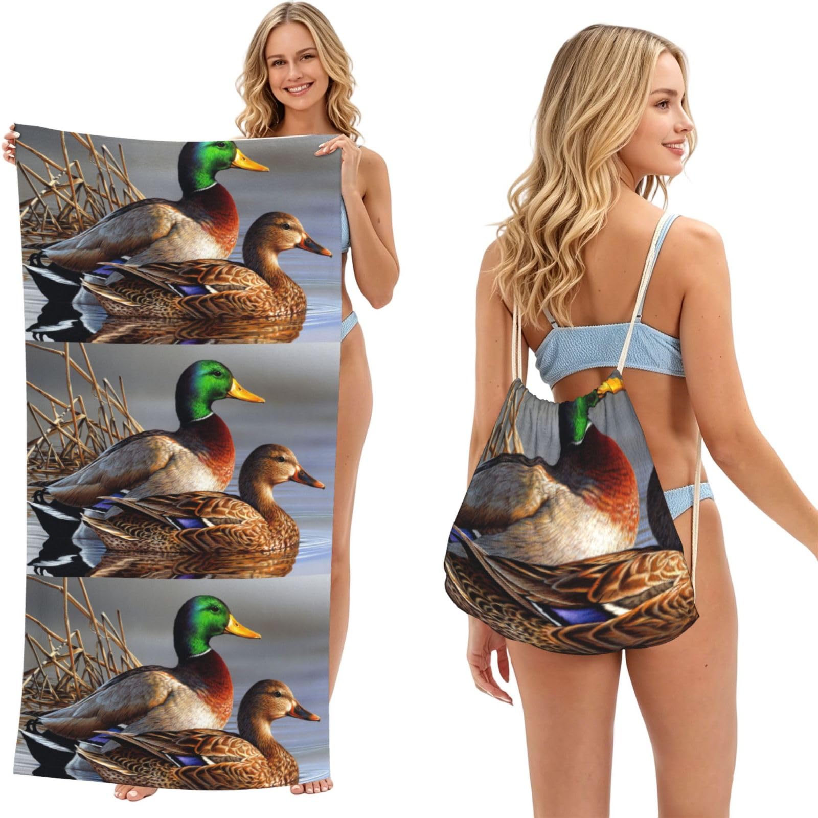 Poadnly As Picture Duck On The Water Painting, 2 In 1 Packable Towel Bag, Beach Towels With Drawstring Backpack For Travel Holiday Camping