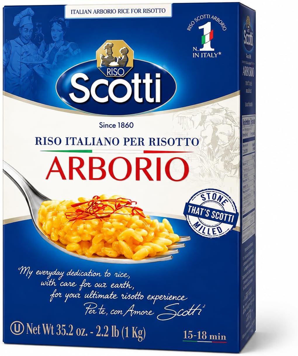 Riso Scotti - Arborio Rice, Risoto Rice, 100% Italian, 2.2 Lb (1 kg) | Chef Selection, Italian Arborio Rice for Risotto, Recipe Included, Gluten Free, Non-GMO, Vacuumed Packed, Product of Italy