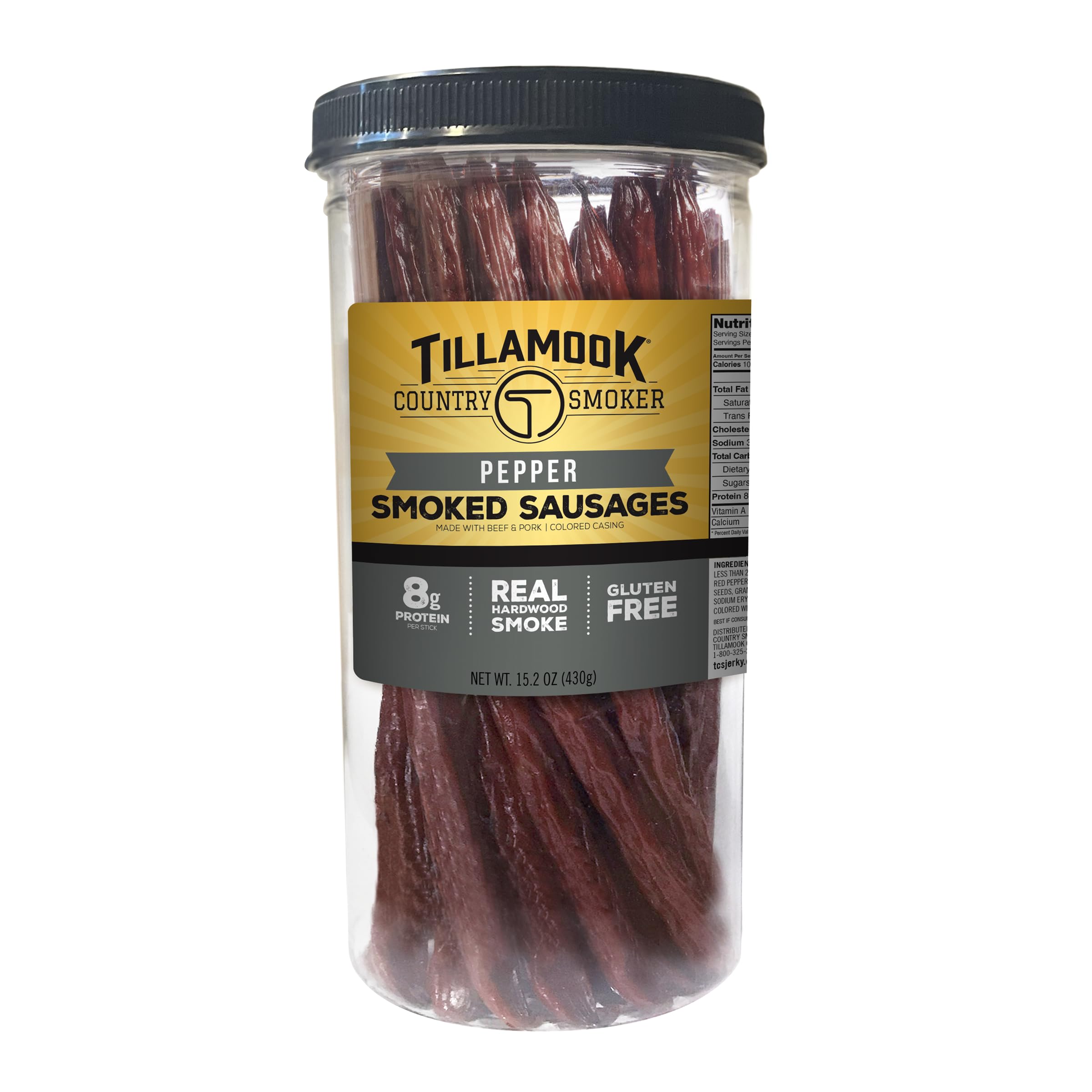 Real Hardwood Smoked Sausages, Pepper, 15.2 Ounce Tall Jar, 20 Count