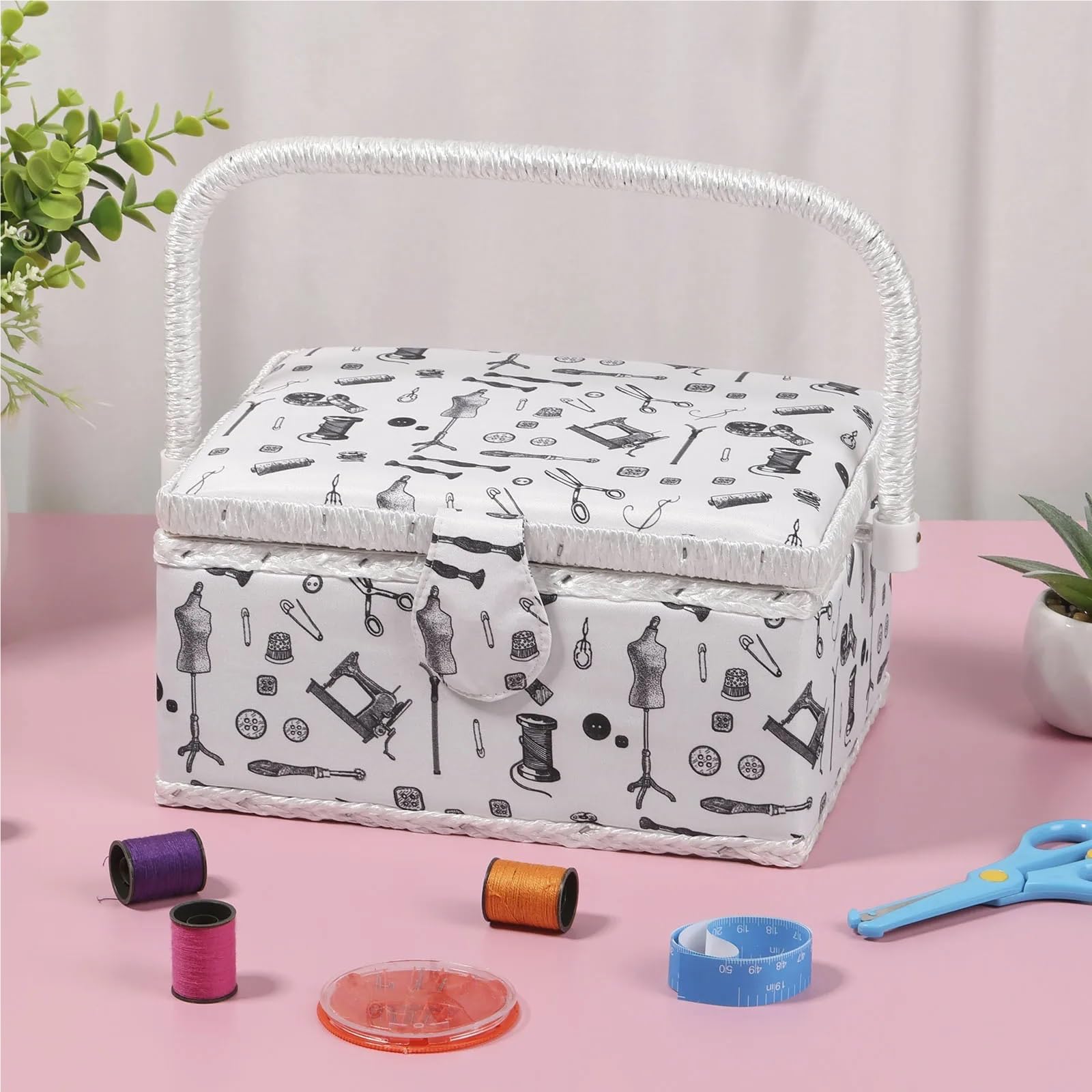 Cesta de Coser Cesta de almacenamiento herramientas costura, marco madera con bandeja extraíble y asa, caja doble capa for entusiastas la artesanía