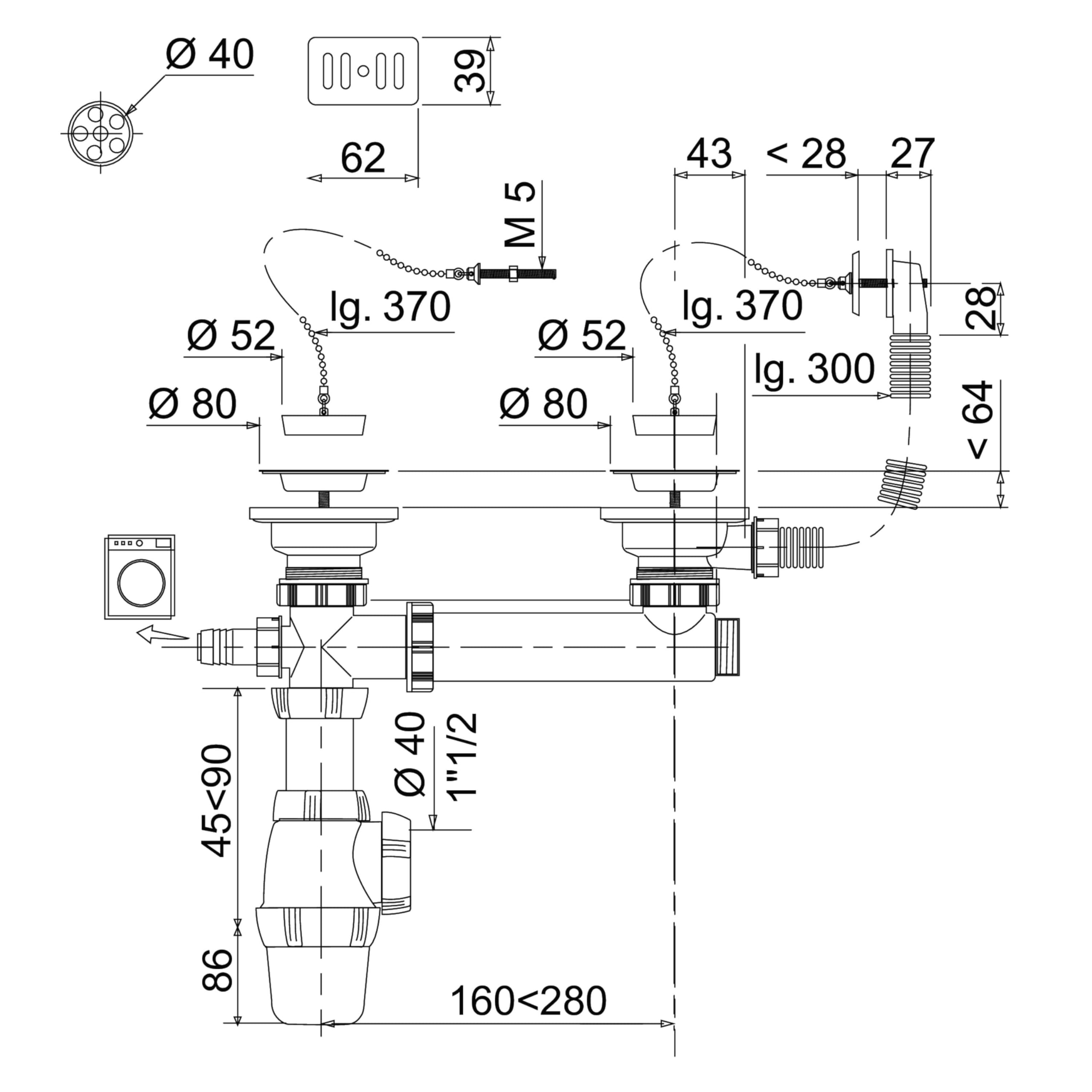 Wirquin 30724005 Ensemble complet vidage d'évier 2 bacs D60 avec siphon évier, bonde à bouchon, trop-plein et tube de raccordement, chromé