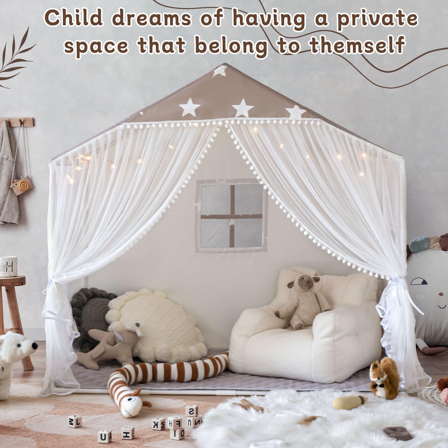Kids Play Tent with Mat, Large Playhouse Tent with Pompoms Door Curtains, Children Play House for Girls Boys, Indoor Play Cottage (Khaki)