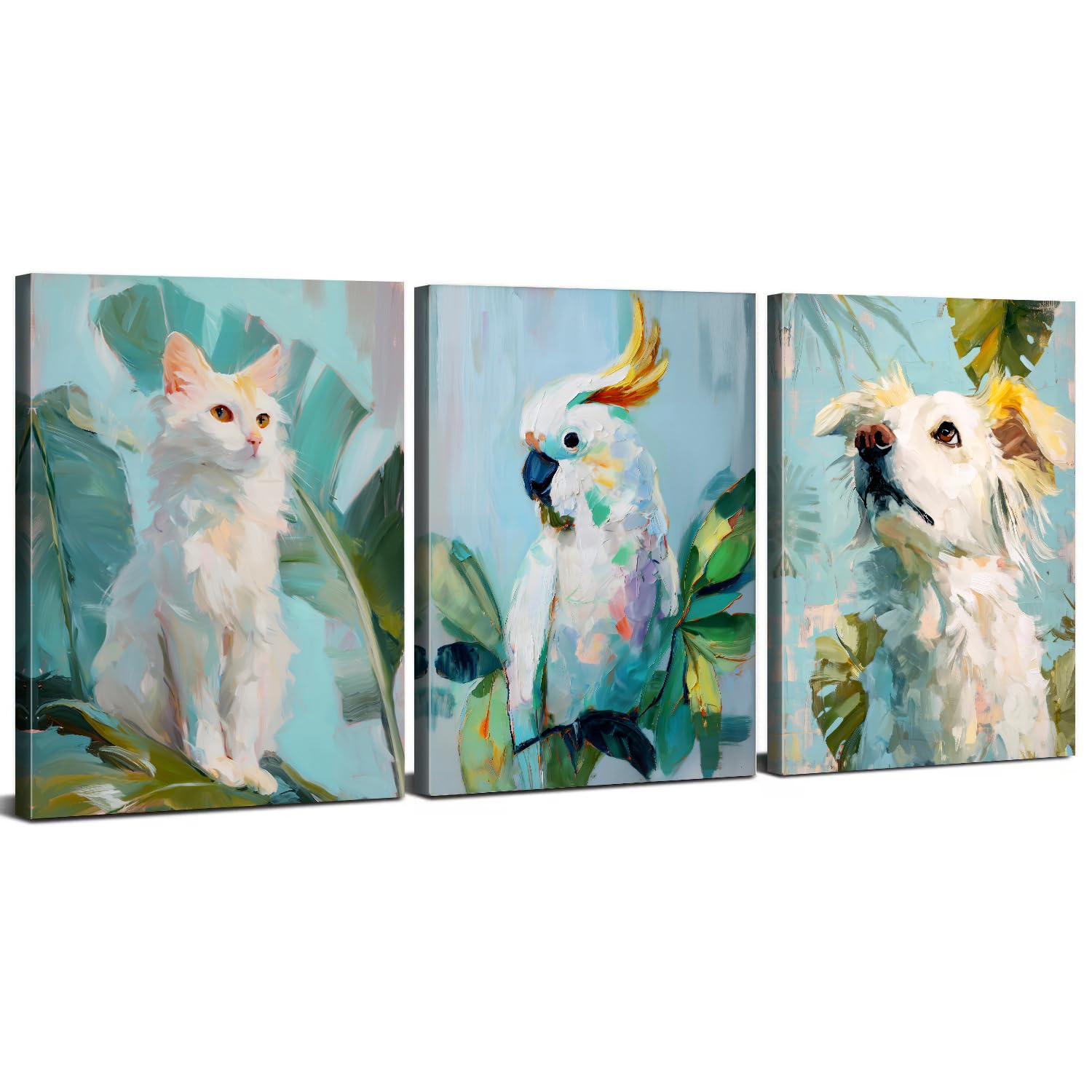 Boho Cute Animal Wall Art Teal Bedroom Decor for Kids Toddler Watercolor Cat Parrot Dog Pictures Canvas Prints Tropical Leaves Botanical Painting Artwork for Living Room Home Decoration 12x16" 3P