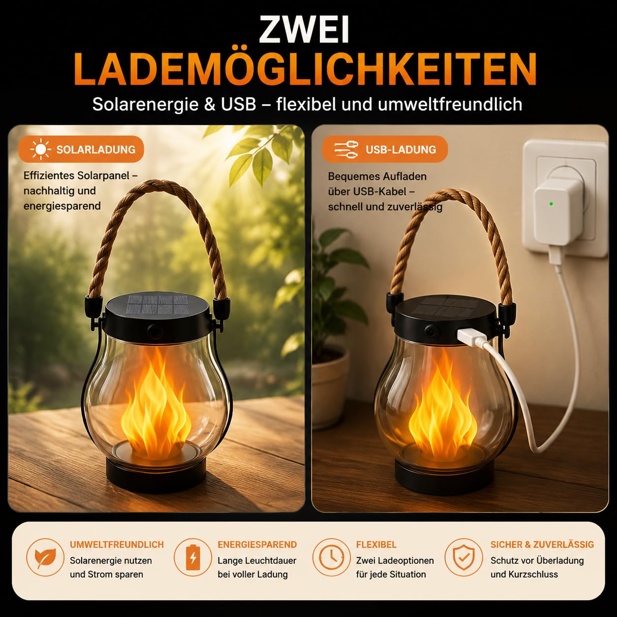 Klynero Solar-Laterne Mit Flammeneffekt, Usb - Aufladung, Ip65 Wetterfeste, FüR AußEn Halloween Dekoration (2PCS)