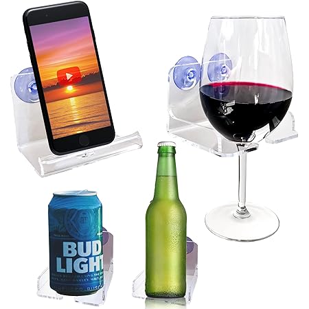 Acrylic Holders Set of 2 - Beer/Wine and Phone Shower Holder | Shower Cup Holder | Beer Gifts & Bath Accessories | Shower Phone Holder Suction Cup (Transparent Set)