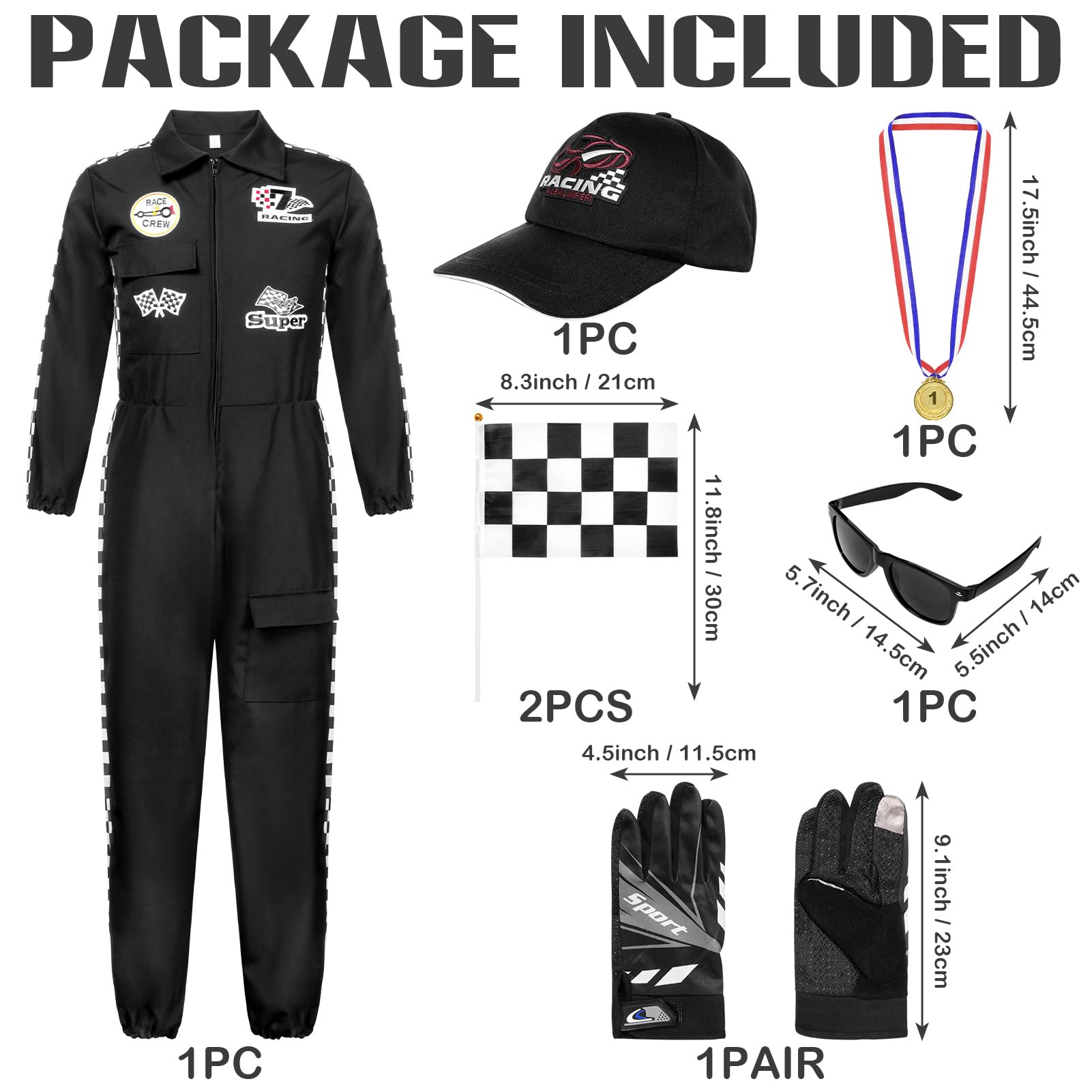 Rennfahrer Kostüm Herren Damen,Faschingskostüme Erwachsene,Rennfahrer Overall Jumpsuit Accessoires 6-teilig mit Hut Sonnenbrille Handschuhen Medaille