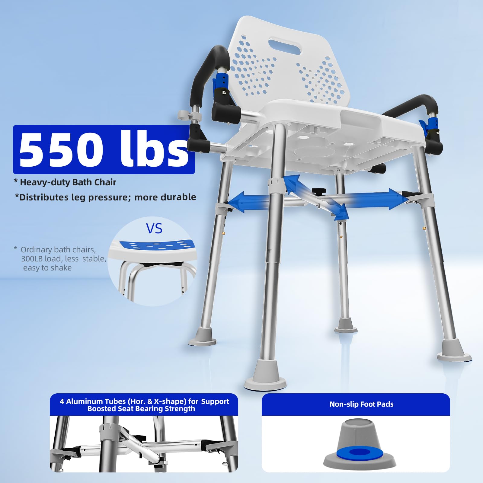 Silla de ducha para ancianos y discapacitados con brazos y espalda, silla de ducha para personas mayores, discapacitados o adultos bariátricos, asiento de banco para ducha interior y bañera de baño