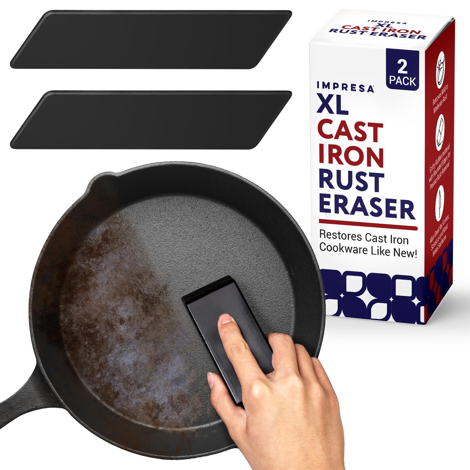 [2 Pack] XL Rust Eraser for Cast Iron Cookware - Restore Cast Iron Skillets with Cast Iron Rust Remover - Time-Saving Cast Iron Rust Eraser - Rust Eraser for Knives and Scissors - 4.75”x2”x1”