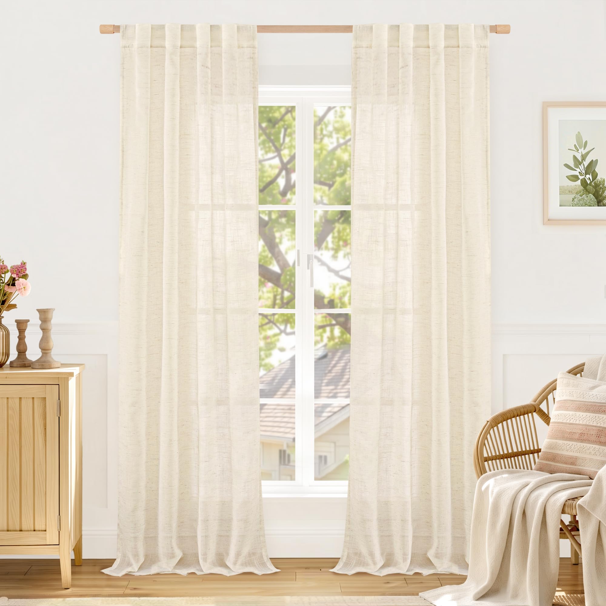 LAMIT Natural Linen Semi Sheer Curtains 84 Inches Long 2 Panels, Living Room Linen Textured Light Filtering Drapes Back Tab and Rod Pocket Neutral Window Panels for Bedroom/Sliding Door, 52 x 84 Inch — view 79