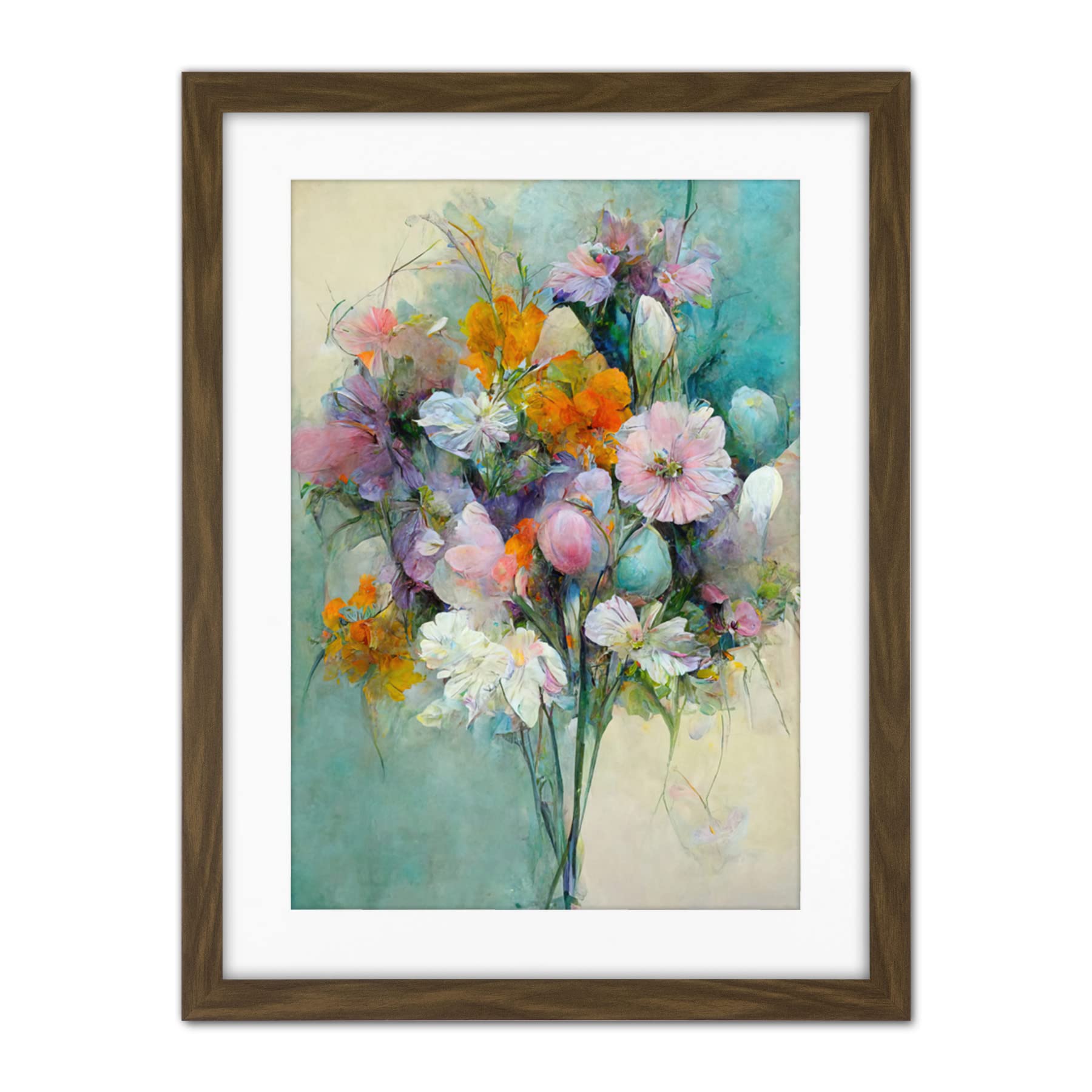 Doppelganger33 LTD Watercolour Pink Orange And Teal Spring Flower Bouquet Illustration Artwork Framed Wall Art Print 18X24 Inch