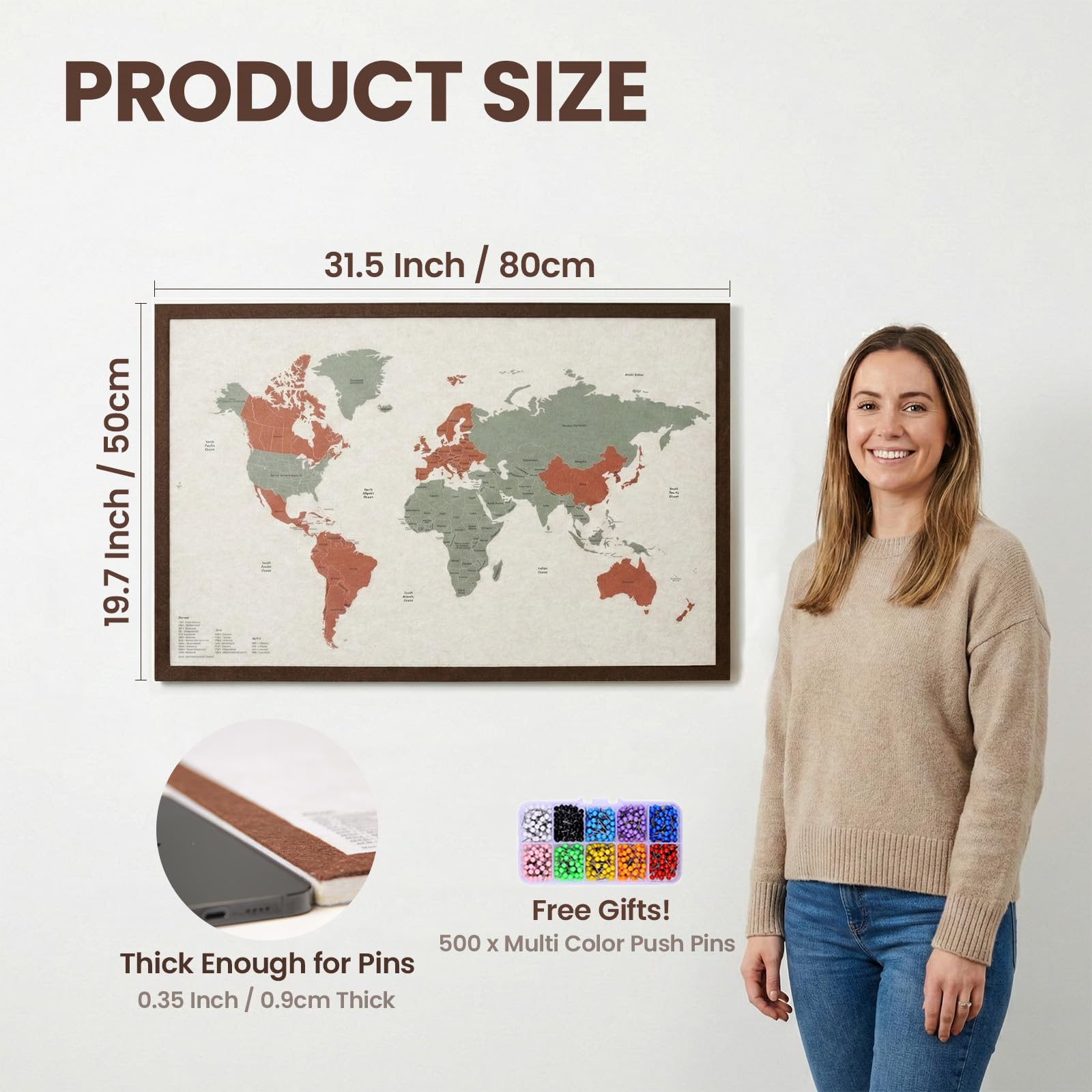 Vyvox Mapa del mundo de viaje con pines, tablero de fieltro de 31.5 x 20 pulgadas, mapa del mundo estético para decoración del hogar, oficina y caravana, rastreador de viaje interactivo y regalos