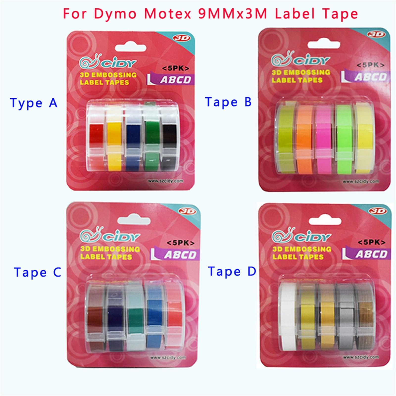 5 pz/lotto 9 MILLIMETRI Manuale Etichetta Macchina Nastro Etichetta Nastro for Motex DYMO 1610/1540/1880/12965 Macchina for Etichette Stampante FAI DA TE(Type D)