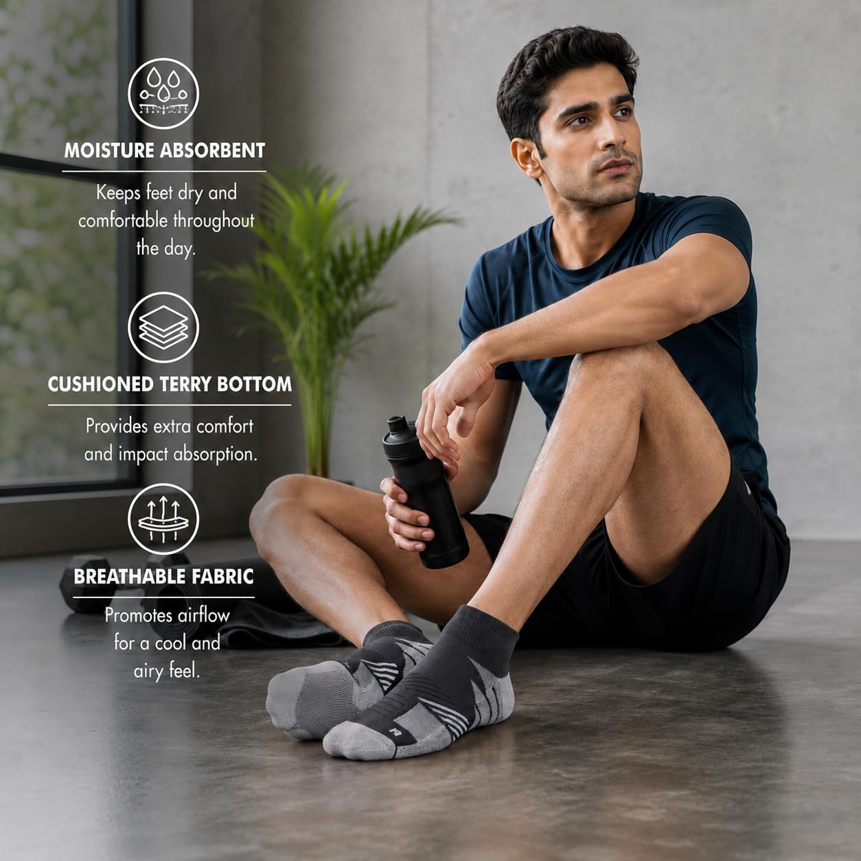 Supersox Ankle Length Performance Sports Socks for Man | Combed Cotton | Moisture Absorbent & Anti-Odour | Durable Welt for Long-Lasting Comfort | Black, Grey & Red | Pack of 3 1