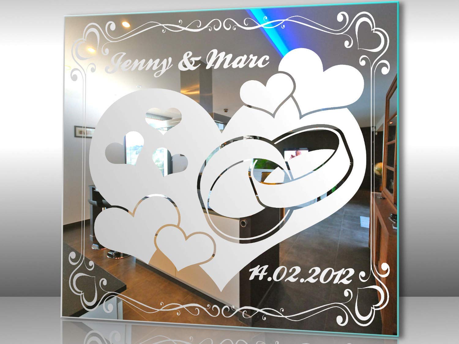 Spiegel mit Gravur Hochzeit 2 ★ Wandbild ★ Hochzeitstag ★ Ehe ★ Hochzeitsgeschenk ★ personalisiert