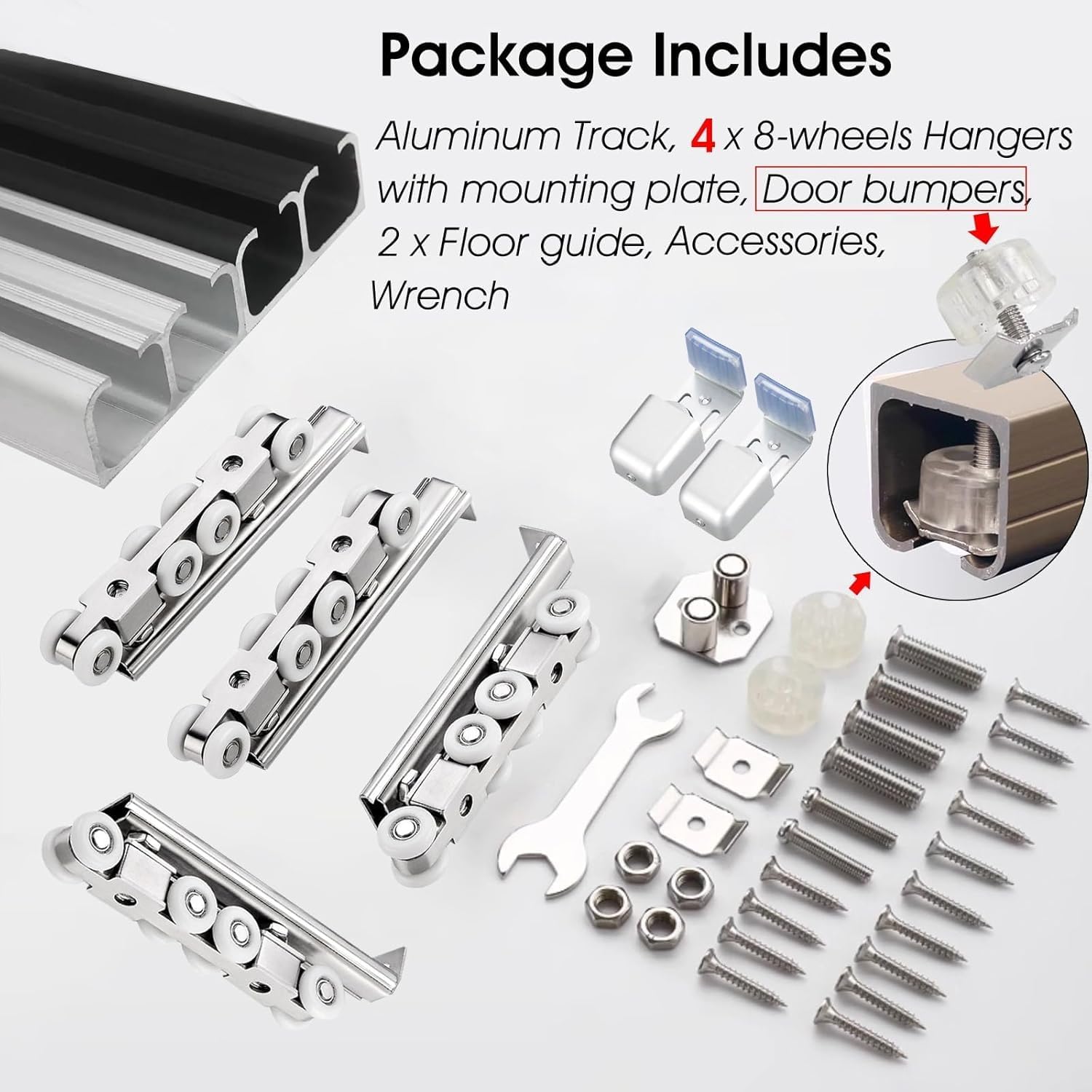 Heavy Duty Double Bypass Sliding Closet Door Track Kit, 1-1-1/4 in Thick Pocket Door Hardware Kit 16 14 12 10 9 8 7 6 5 4 3 Ft, Aluminum Box Rail Set(Silver,380cm/149.6in)