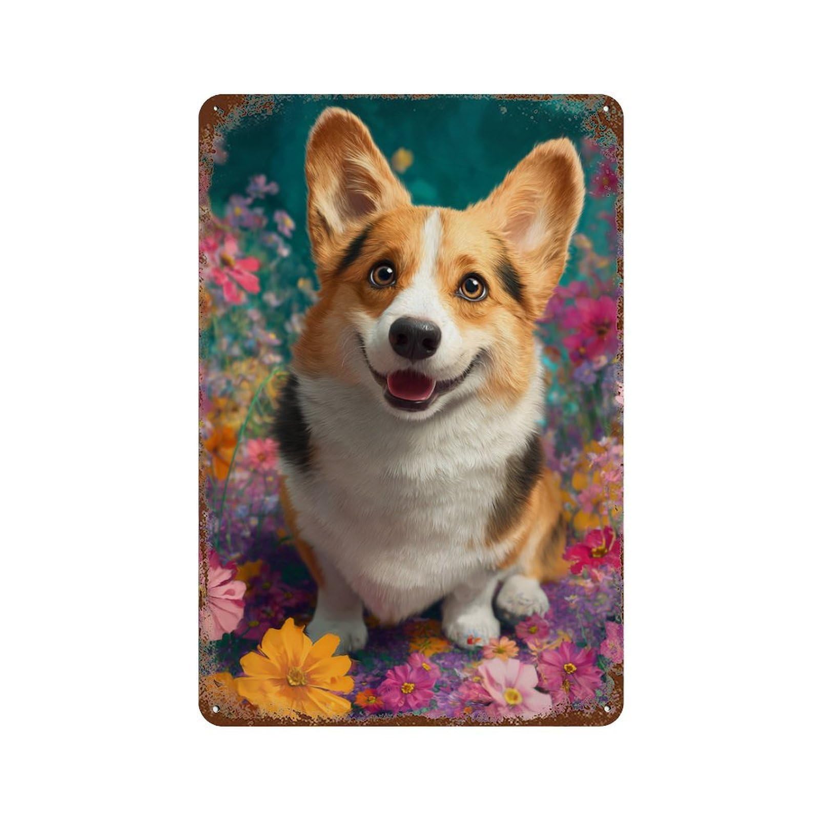 Retro Metal Sign with Corgi in Flower Field Design 11.8"x7.9", for Shed, Workshop And Garage Wall Decor, Old School Wall Decor